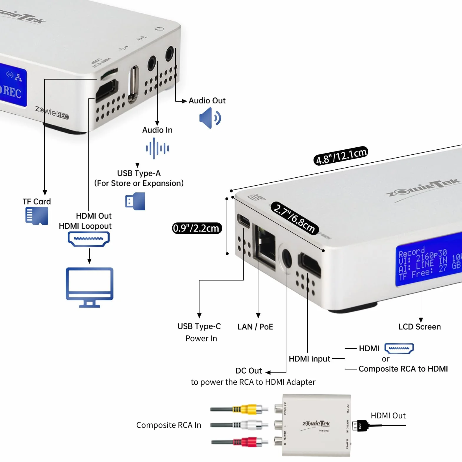 Rejestrator wideo 4K HDMI z adapterem AV na HDMI, kompatybilny z VHS, VCR, DVR, DVD, Hi8, Mini DV, kamerą, kasetą, konsolami do gier, nie wymaga komputera
