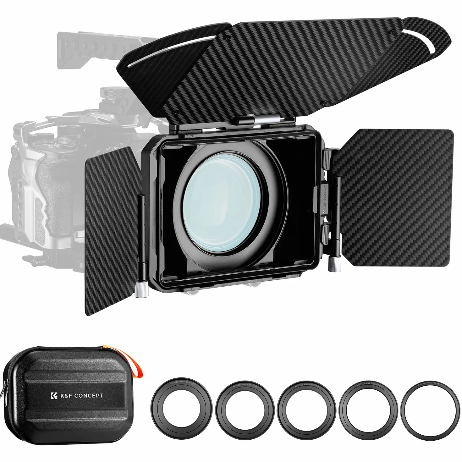 K&F CONCEPT Nano-X Pro Mini Matte Box z boczną klapką z włókna węglowego na górze, z kwadratowymi miseczkami filtrującymi 10,2 x 14,6 cm i pierścieniami adaptera obiektywu 67/72/77/82/95 mm do