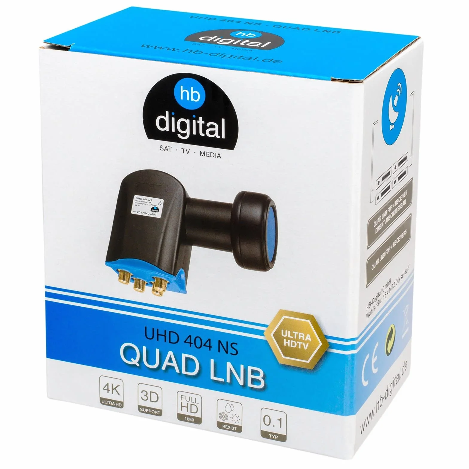 HB-DIGITAL Quad Ultra LNB LNC 4 uczestników bezpośredni ✨ Full HD TV 3D 4K czarny Black ■ styki pozłacane ■ ochrona przed warunkami atmosferycznymi (wyciągana)