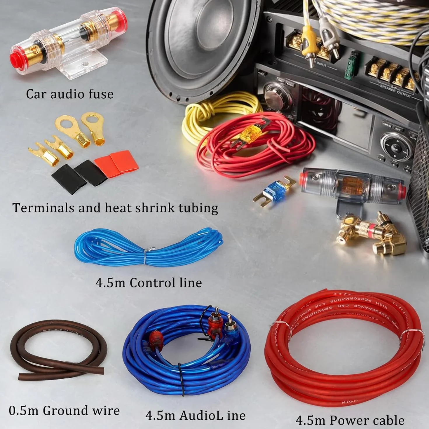 Zestaw kabli do wzmacniacza samochodowego: 10 GA, zestaw przyłączeniowy do wzmacniacza samochodowego 1500 W, zestaw kabli do subwoofera, kabel audio