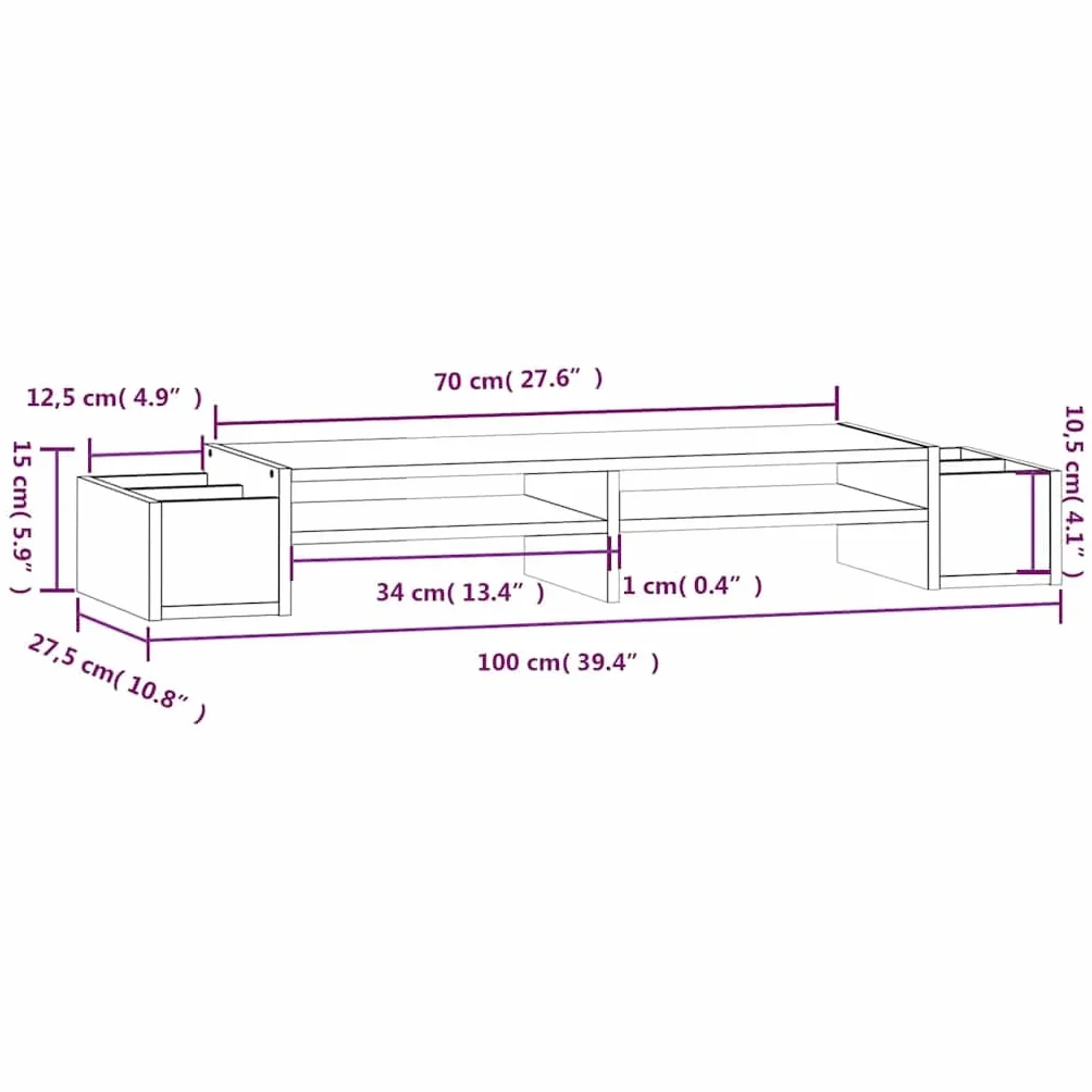 Hothingwell Stojak na monitor z litego drewna sosnowego, biały, 100 x 27,5 x 15 cm, podwyższacz ekranu z 4 bocznymi przegródkami do przechowywania na klawiaturę i akcesoria, stabilna rama redukująca