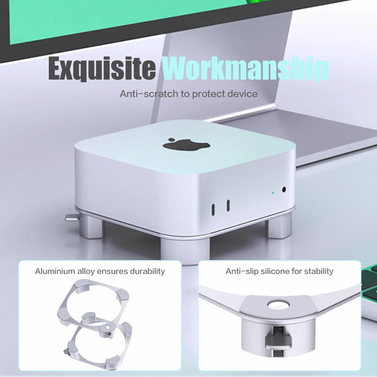Aluminiowy stojak do Mac mini M4/M4 Pro, z łatwo dostępnym przyciskiem włączania, ulepszoną wentylacją i odprowadzaniem ciepła, stabilna, antypoślizgowa konstrukcja zapewnia bezpieczną i wydajną pracę