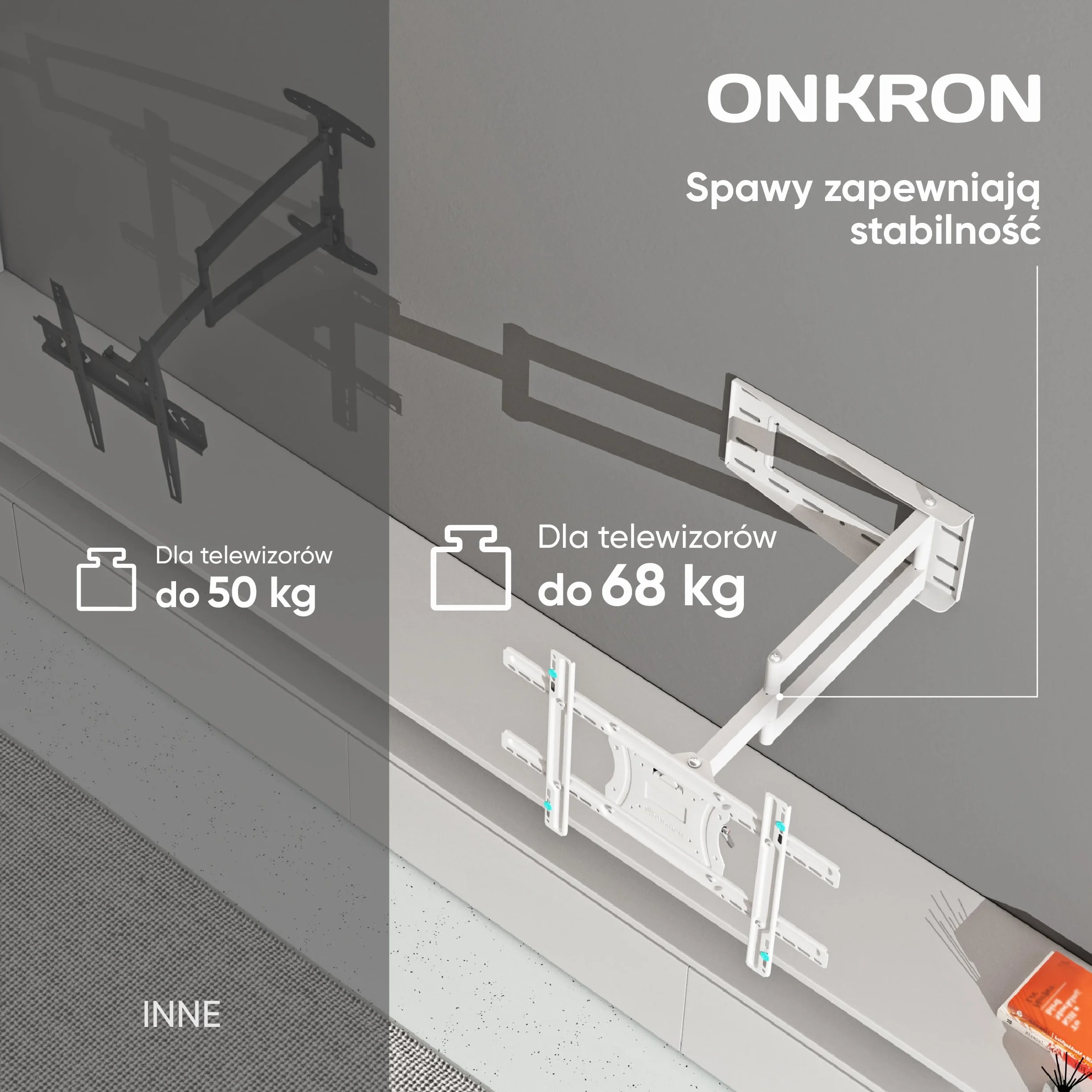 ONKRON M7L uchwyt ścienny do telewizora 40-75 cali uchwyt ścienny do płaskich i zakrzywionych LED LCD QLED OLED monitory wychylne (180°) nachylenia (-5° … +15°) wysuwany (110-711 mm) VESA biały