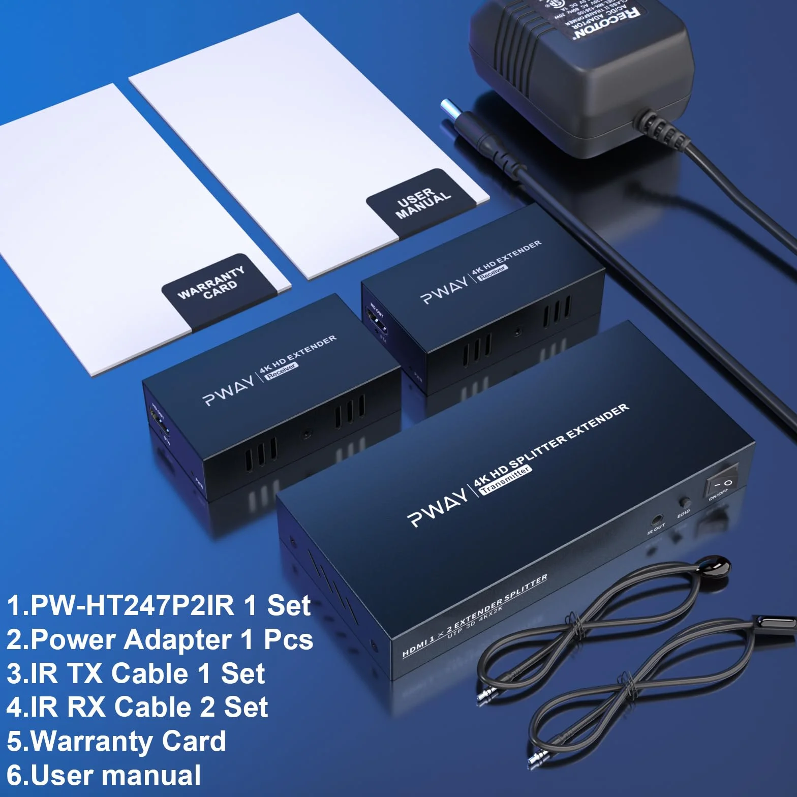 PW-HT246P2IR przedłużacz HDMI rozdzielacz 1 x 2 port 60 m od Cat5e/Cat6/CAT7, obsługa kabla 4K 60 Hz, sterowanie IR i funkcja POC