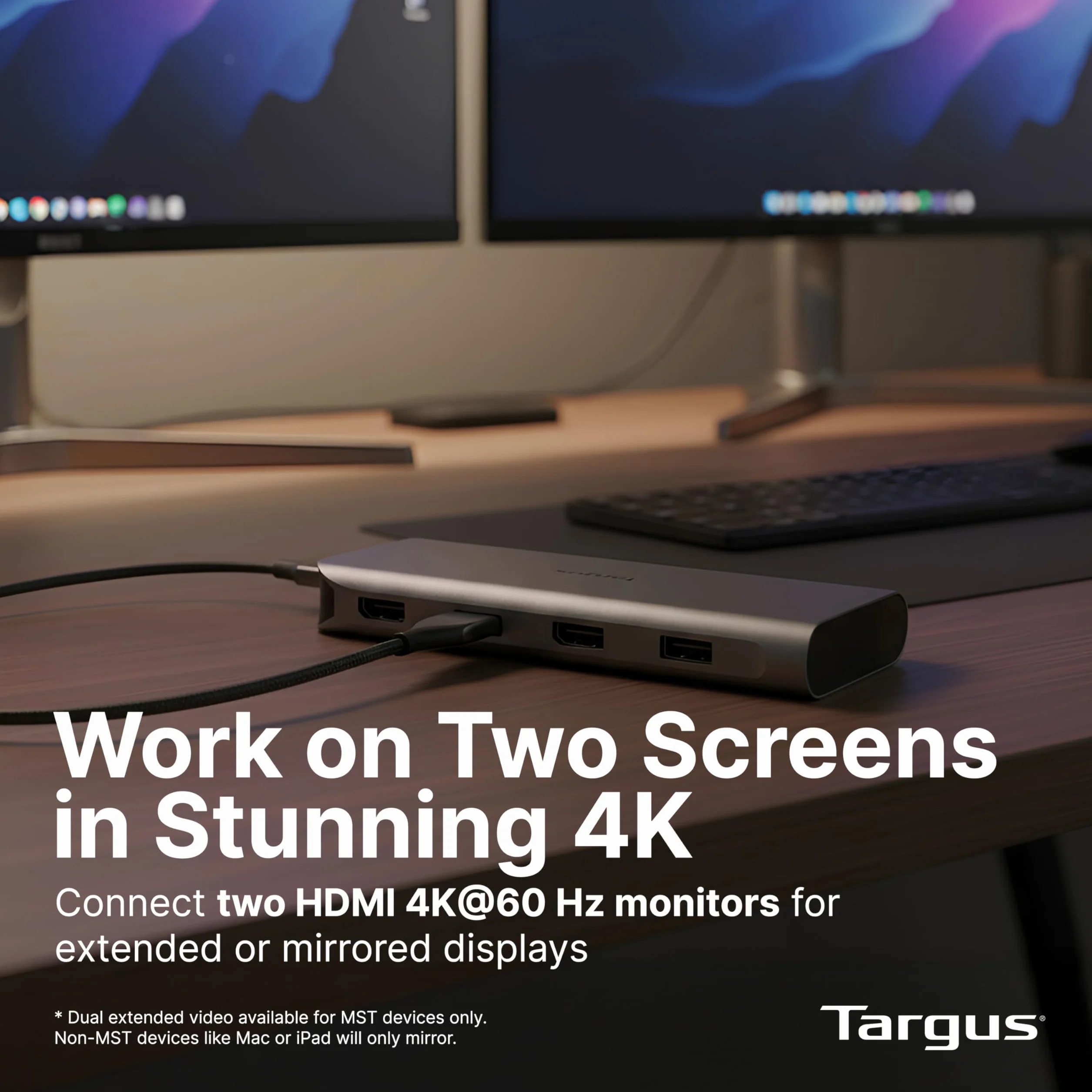 Targus Podwójna mobilna stacja dokująca wideo z 140 W EPR Power Pass-Through, Dual HDMI 4K przy 60 Hz, 2 x USB-C i 2 x USB-A 10 Gb/s, Gigabit Ethernet, EcoSmart Design DOCK427GL