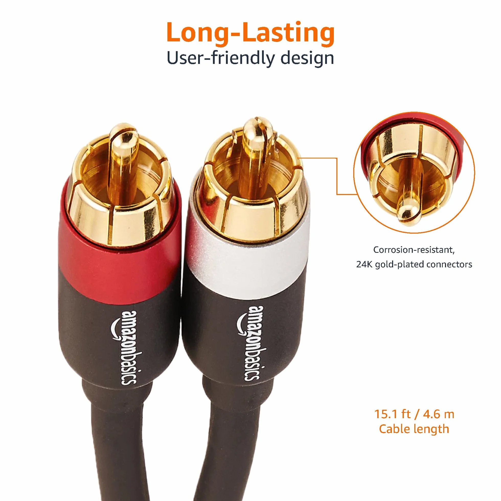 Amazon Basics Kabel audio, 2 RCA, do głośników stereo lub subwoofera z pozłacanymi wtykami, 4,5 m, czarny