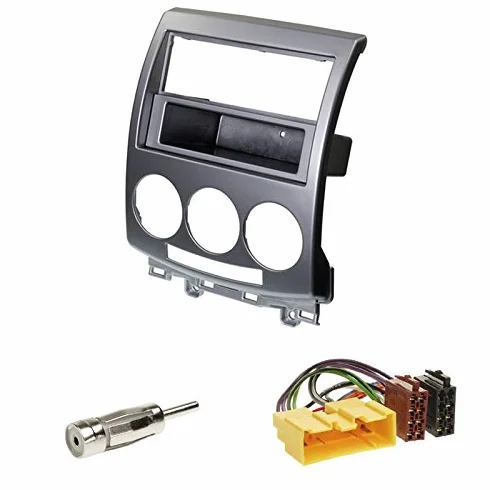 Zestaw do montażu: radio samochodowe podwójna osłona DIN / 2-DIN ramka na radio z półką srebrna + ISO - adapter • adapter antenowy ISO -> DIN do Mazda 5 rok produkcji 2006-2012