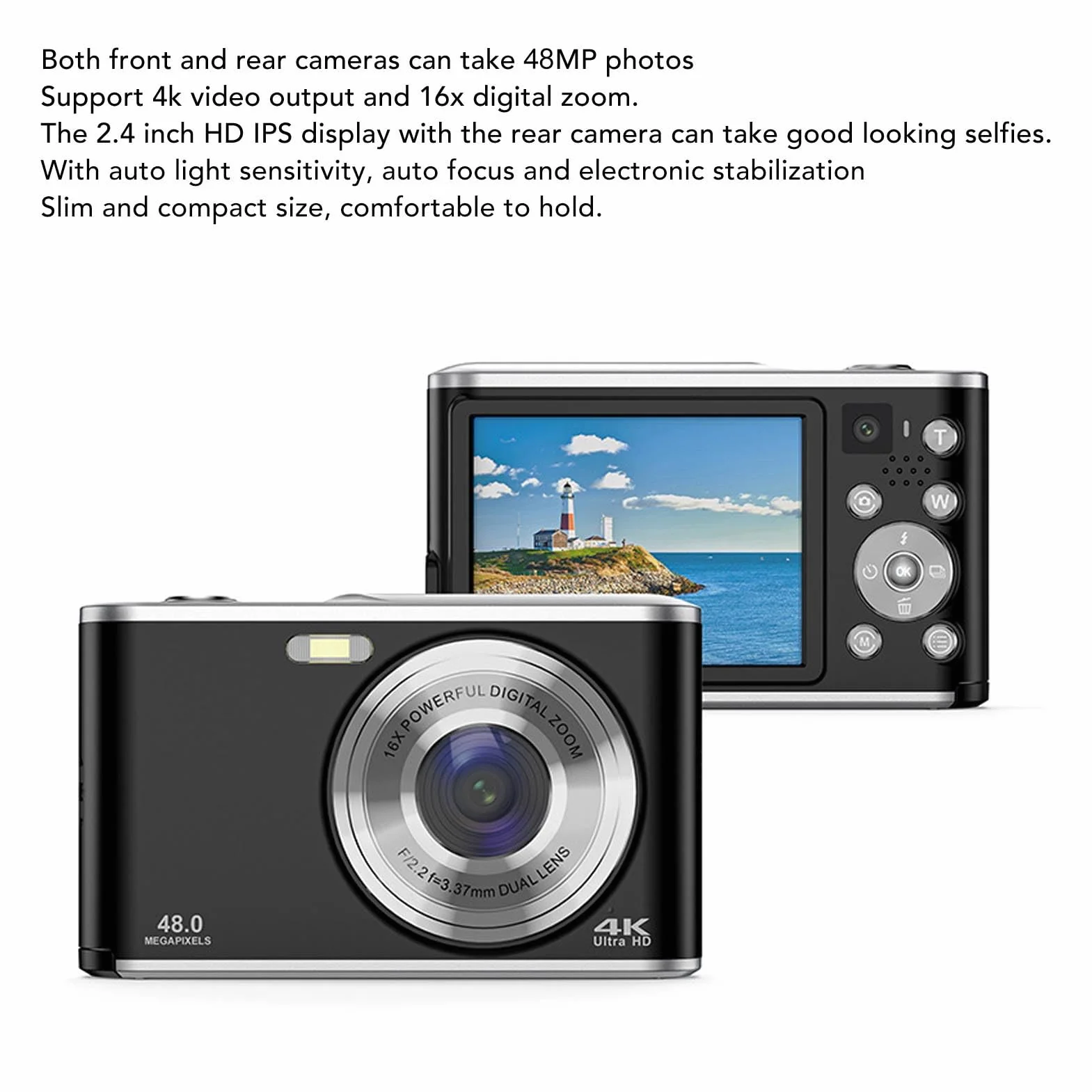 Kompaktowy Aparat Cyfrowy 48 MP 4K Ultra HD z Dwoma Obiektywami, Autofokusem, Wyświetlaczem IPS do Selfie, do Podróży i Ukończenia Studiów (BLACK)
