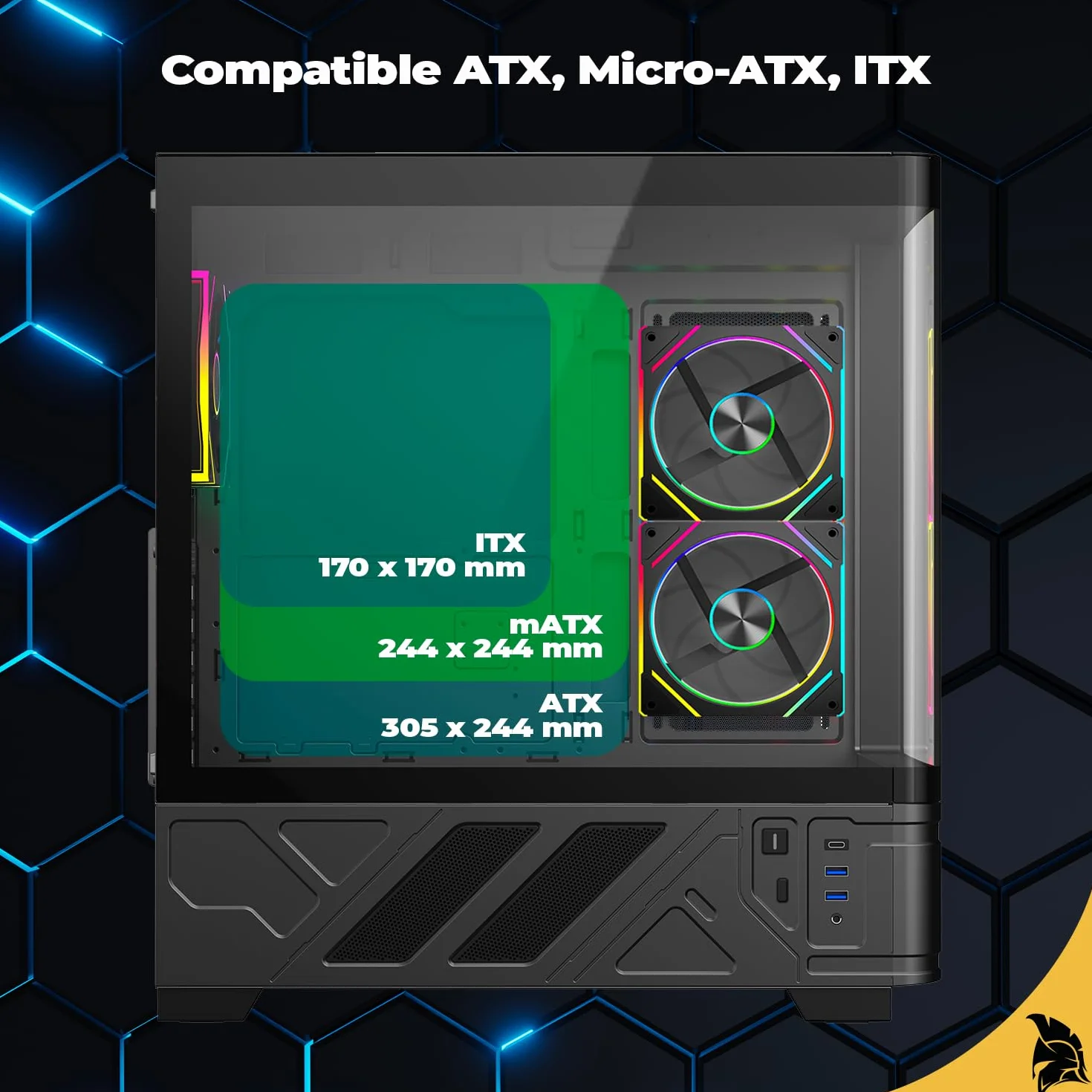 EMPIRE GAMING ECM252 Średnia wieża obudowa do gier - wbudowany cyfrowy wyświetlacz (temperatura procesora/GPU, RPM) - 3 wentylatory ARGB - kompatybilne z ATX, Micro-ATX, ITX - USB C (czarny)