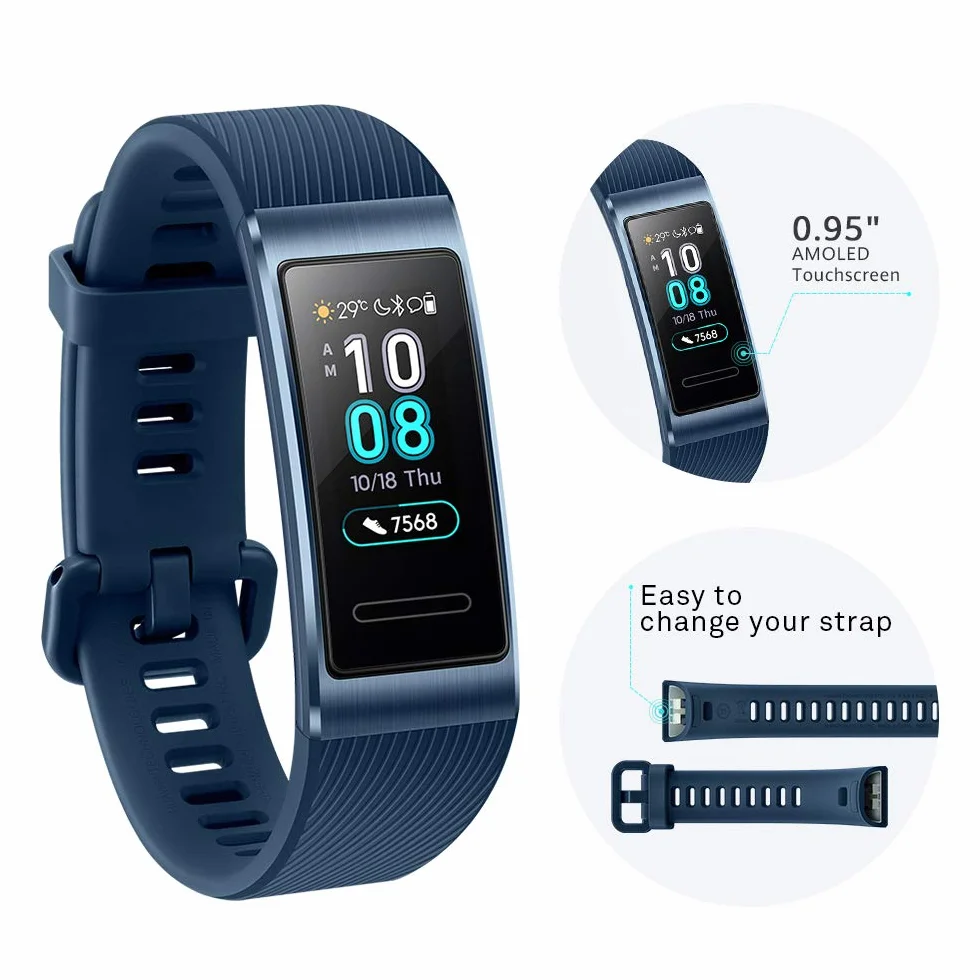 HUAWEI Band 3 Pro All-in-One Fitness Tracker aktywności, wodoodporność 5 ATM, do pływania, monitor tętna 24/7, wbudowany GPS, tryb Multi-Sport, śledzenie snu, niebieski, jeden rozmiar