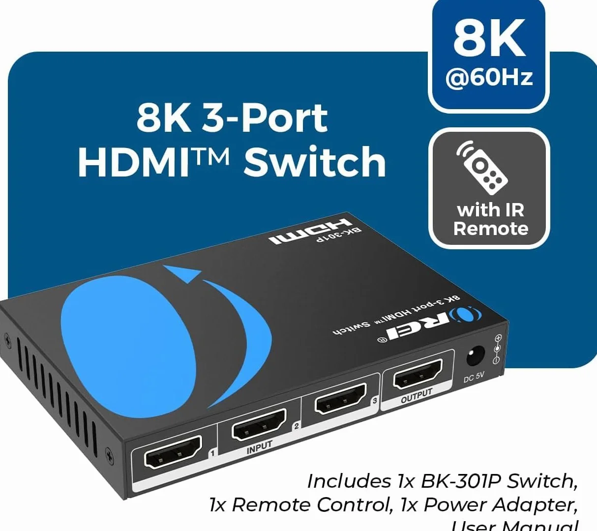 OREI 8K 3-Port HDMI 2.1 Switch, 3-In 1-Out, 8K@60Hz, Manual & Auto Switch | hdmi switch with remote, hdmi switch 4k 120hz, HDR10+, Dolby Vision, VRR, ALLM, CEC, PS5/Xbox compatible