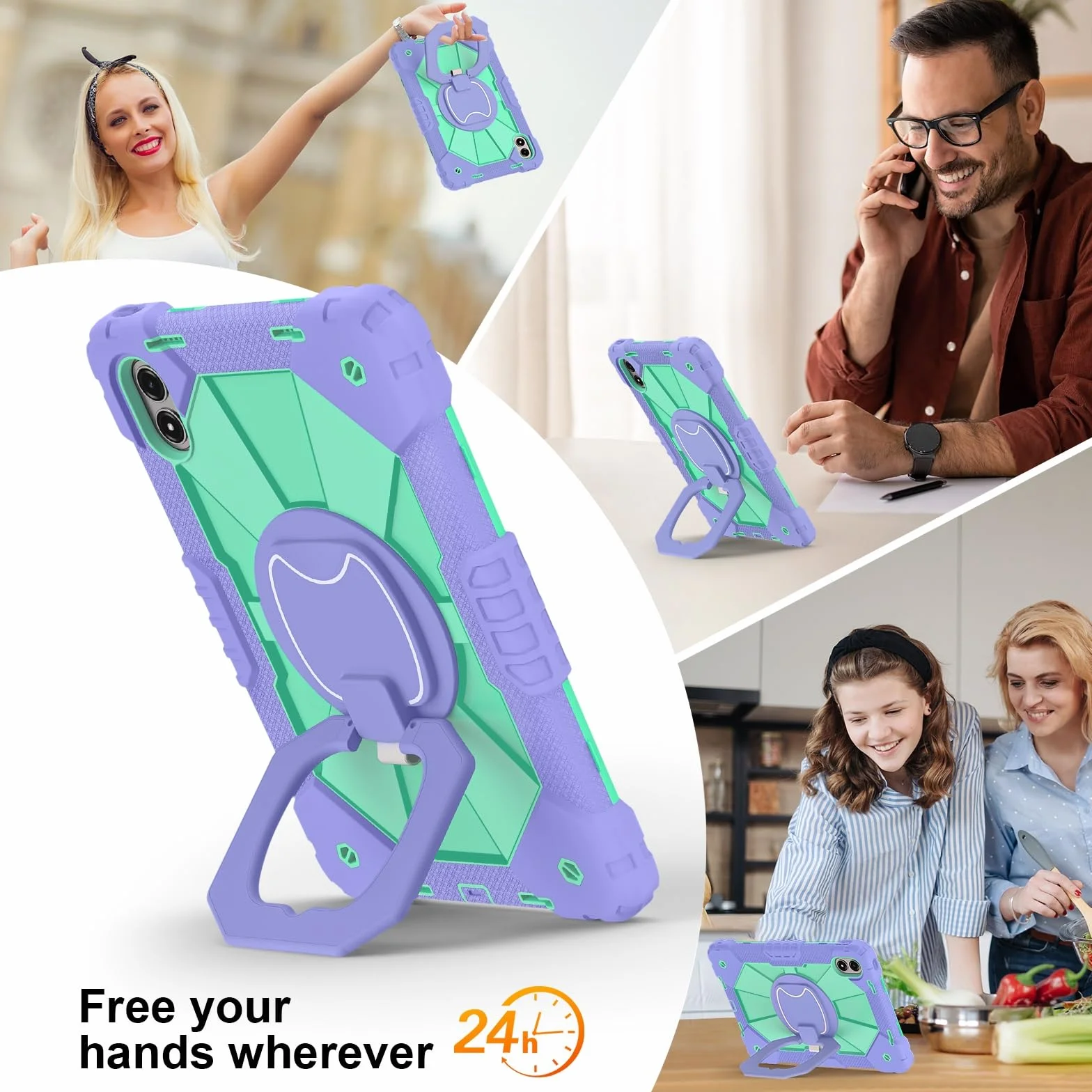Etui na tablet kompatybilne z Redmi Pad 2 Pro 30.7 cm 2025 wytrzymałe, odporne na wstrząsy etui ochronne w 360 obrotowa podpórka + pasek na rękę + pasek na ramię (fioletowy + miętowy zielony)