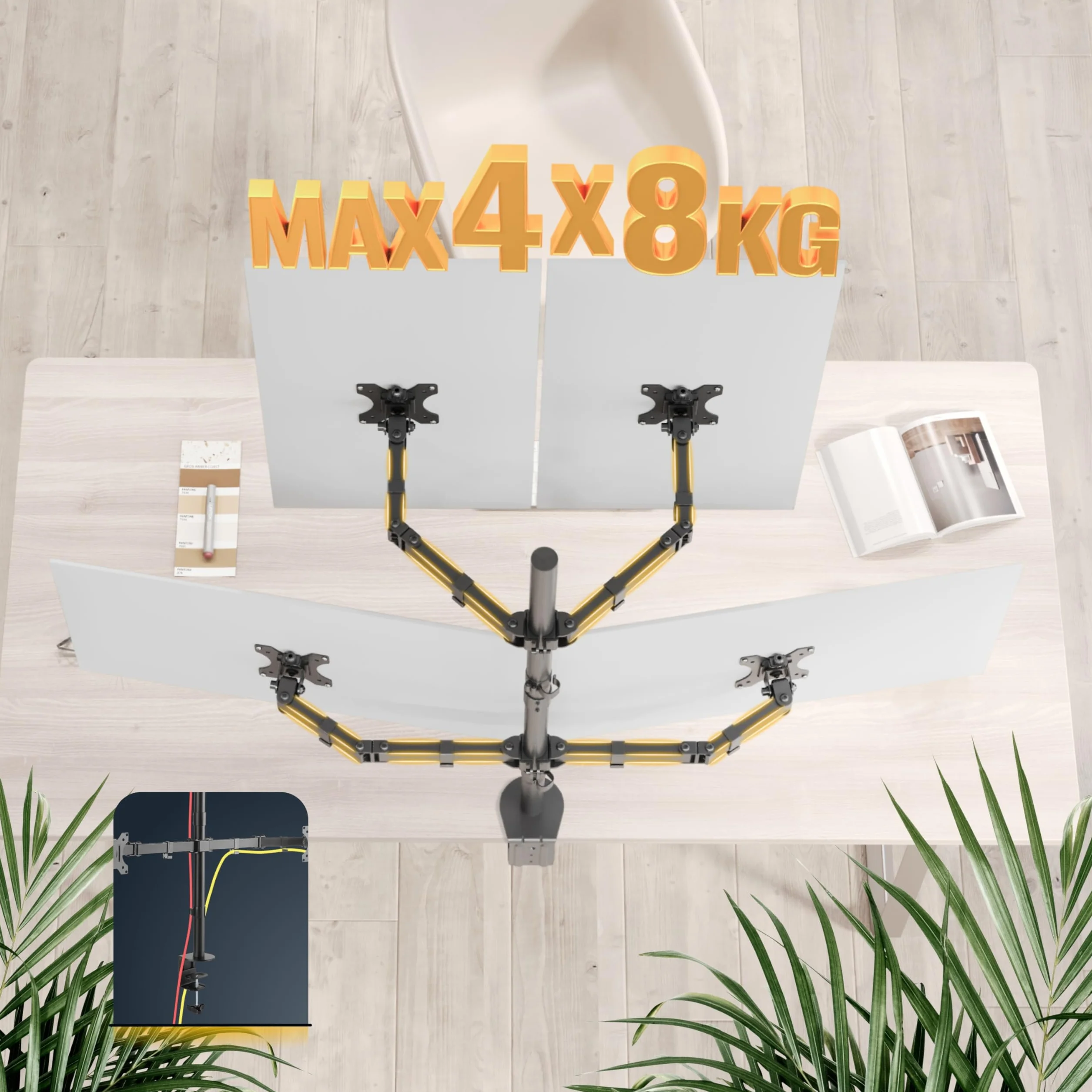 RICOO Uchwyt do monitora, uchwyt do monitora o przekątnej ekranu 13-27 cali, uchwyt na 4 monitory, uchwyt na ekran TS2811, ramię monitora, uchwyt na ekran VESA, stojak na monitor, uchwyt na monitor