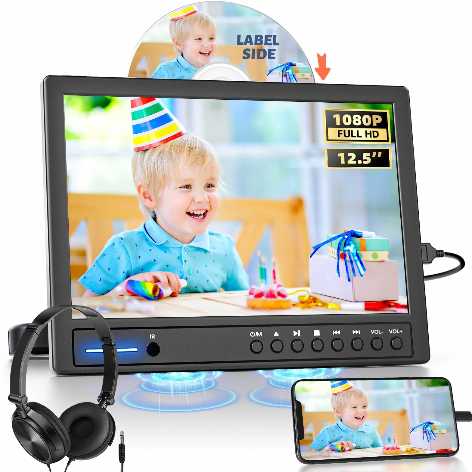 Arafuna 12,5-calowy przenośny odtwarzacz DVD do samochodu z słuchawkami, przenośny odtwarzacz DVD z wideo do zagłówka z uchwytem na zagłówek, odtwarzacz DVD do samochodu z przyssawką do dysków