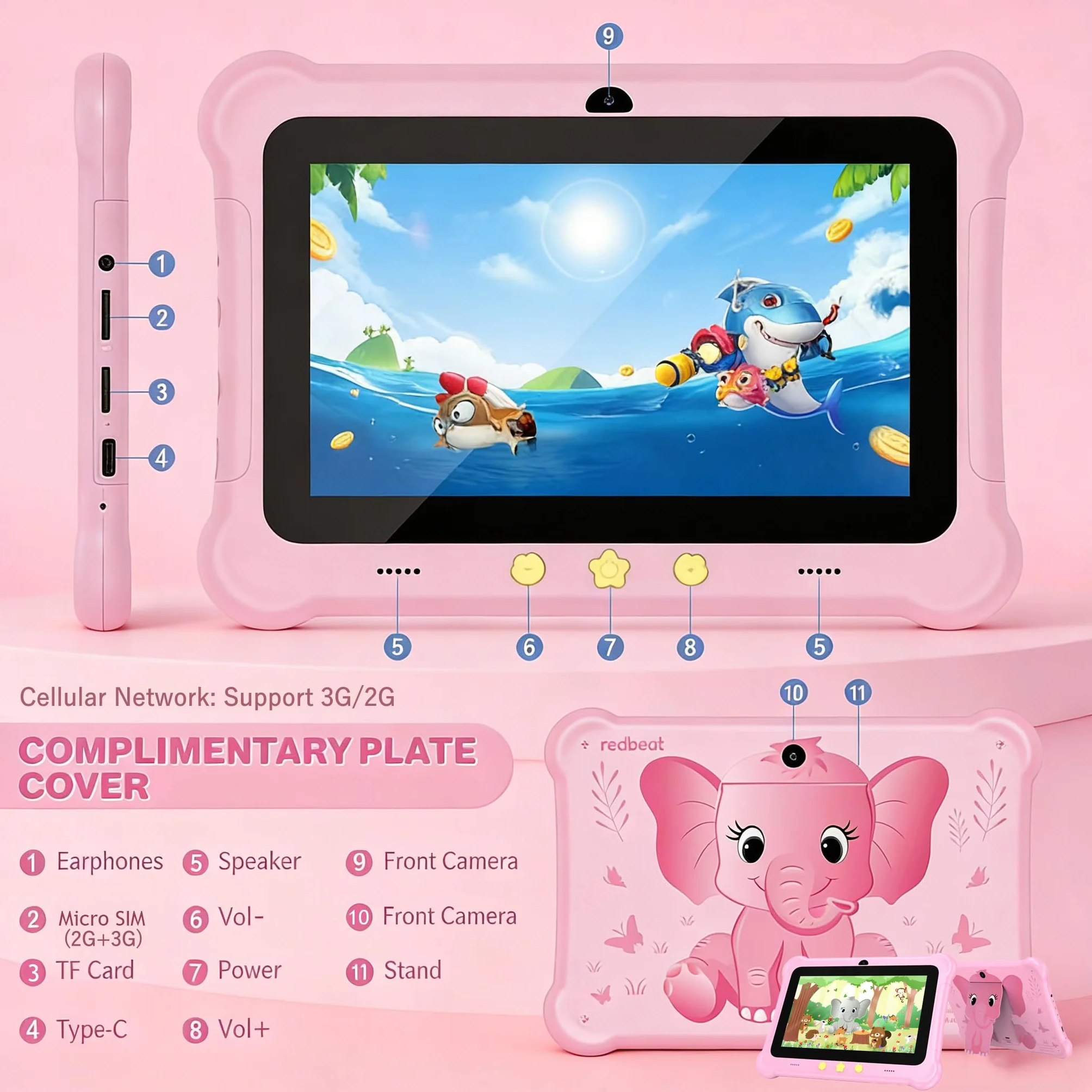 tablet dla dzieci, 7-calowy tablet z Androidem dla dzieci, tablet do nauki z gniazdem na kartę SIM i etui, WIFI, kontrola rodzicielska, ochrona oczu, podwójna kamera, sieć komórkowa 3G/2G