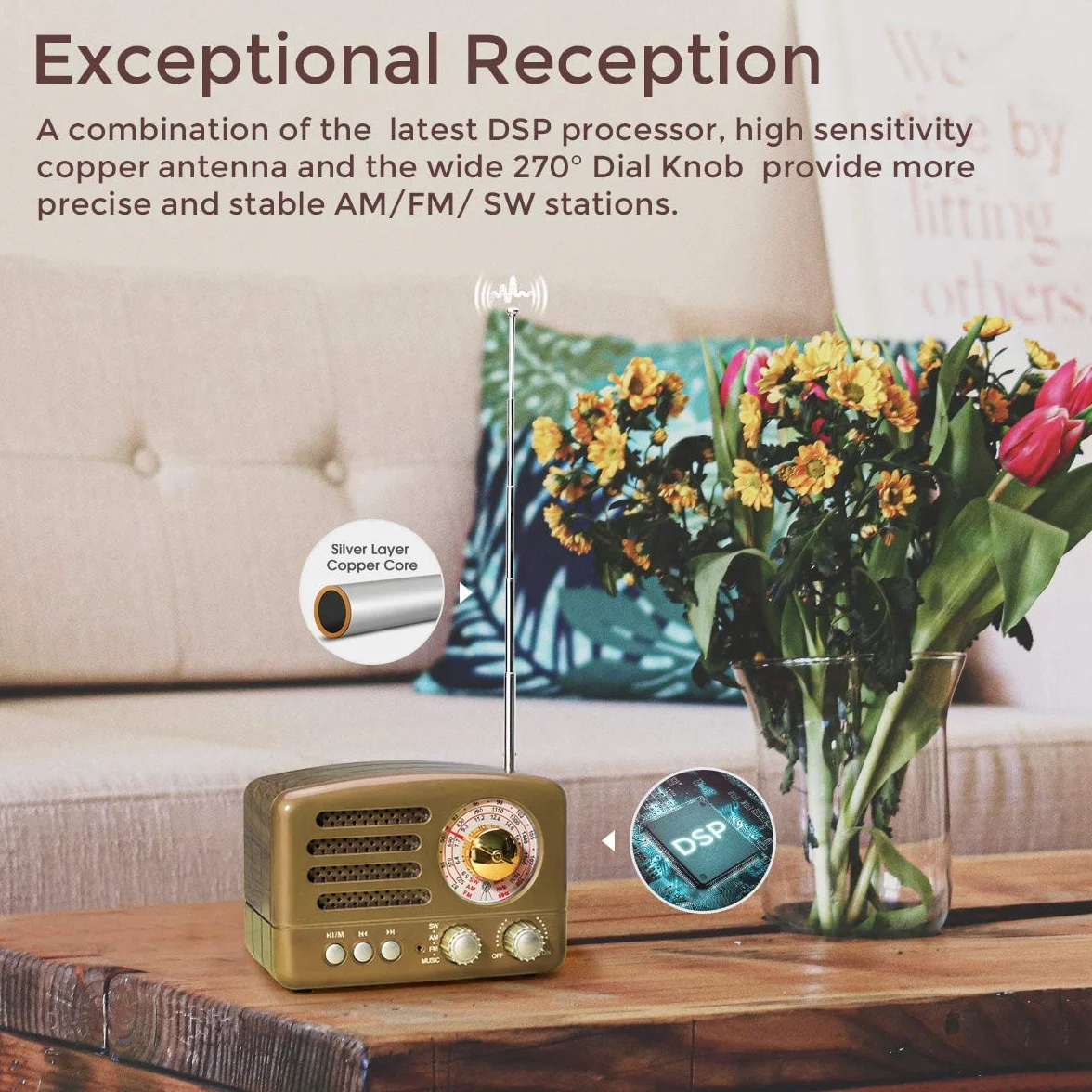 PRUNUS J-160 Przenośne radio, vintage Bluetooth FM/AM (MW)/SW, stacja radiowa z bardzo dużym przyciskiem regulacji, radio retro tranzystor obsługa karty TF/AUX/USB (czerwony)