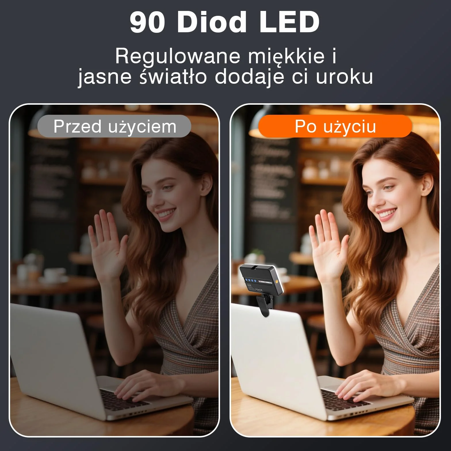 90 LED Przenośna Lampka do Selfie, CRI 95+ Akumulator Lampka Wypełniająca do Telefonu z Klipsem, Regulowane 3 tryby światła i 10 Poziomów Jasności do Telefonu, Laptopa, Aparatu