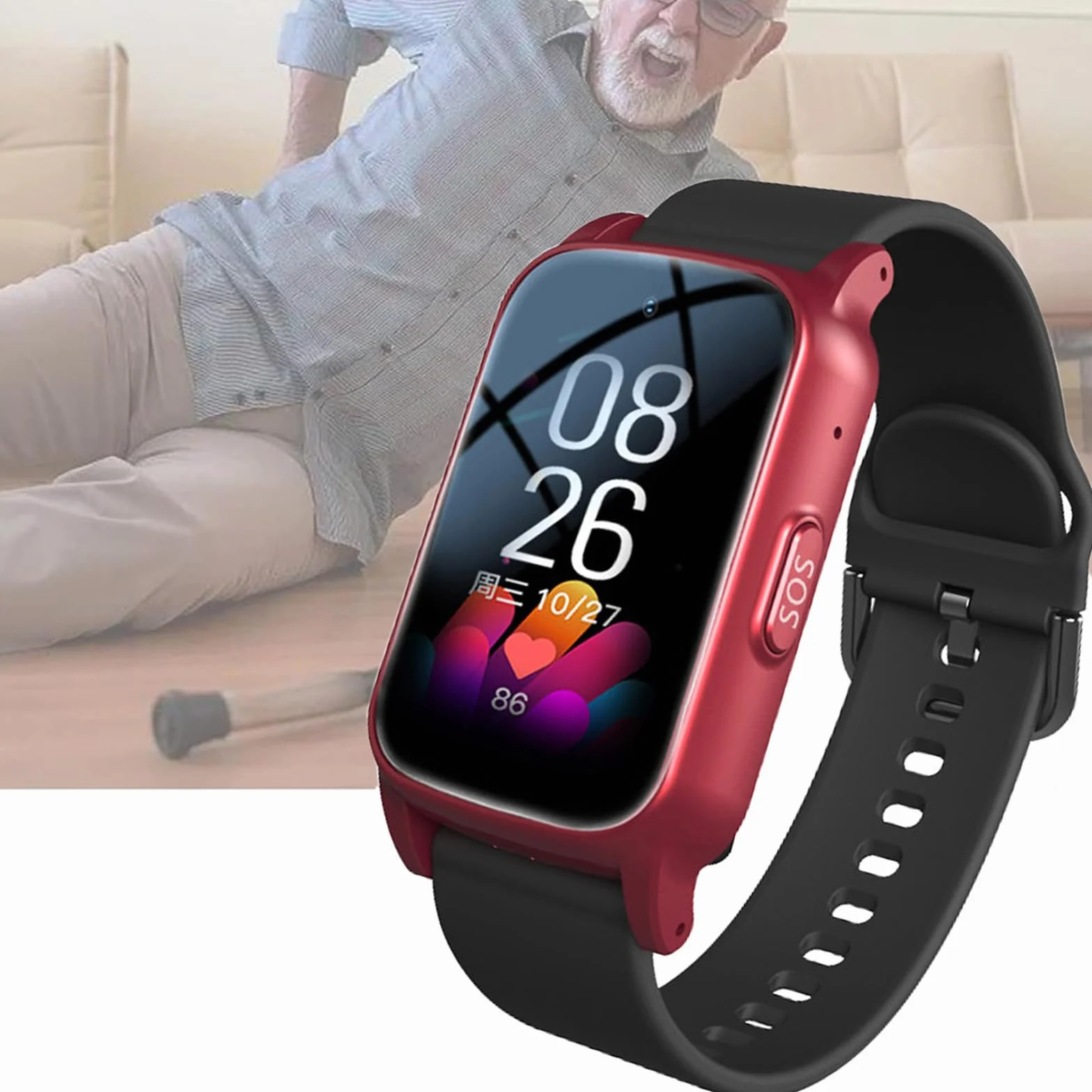 Smartwatch z wykrywaniem upadków dla seniorów, urządzenia ostrzegające o upadkach dla osób starszych, inteligentny zegarek z alarmem SOS i wykrywaniem upadków,Red