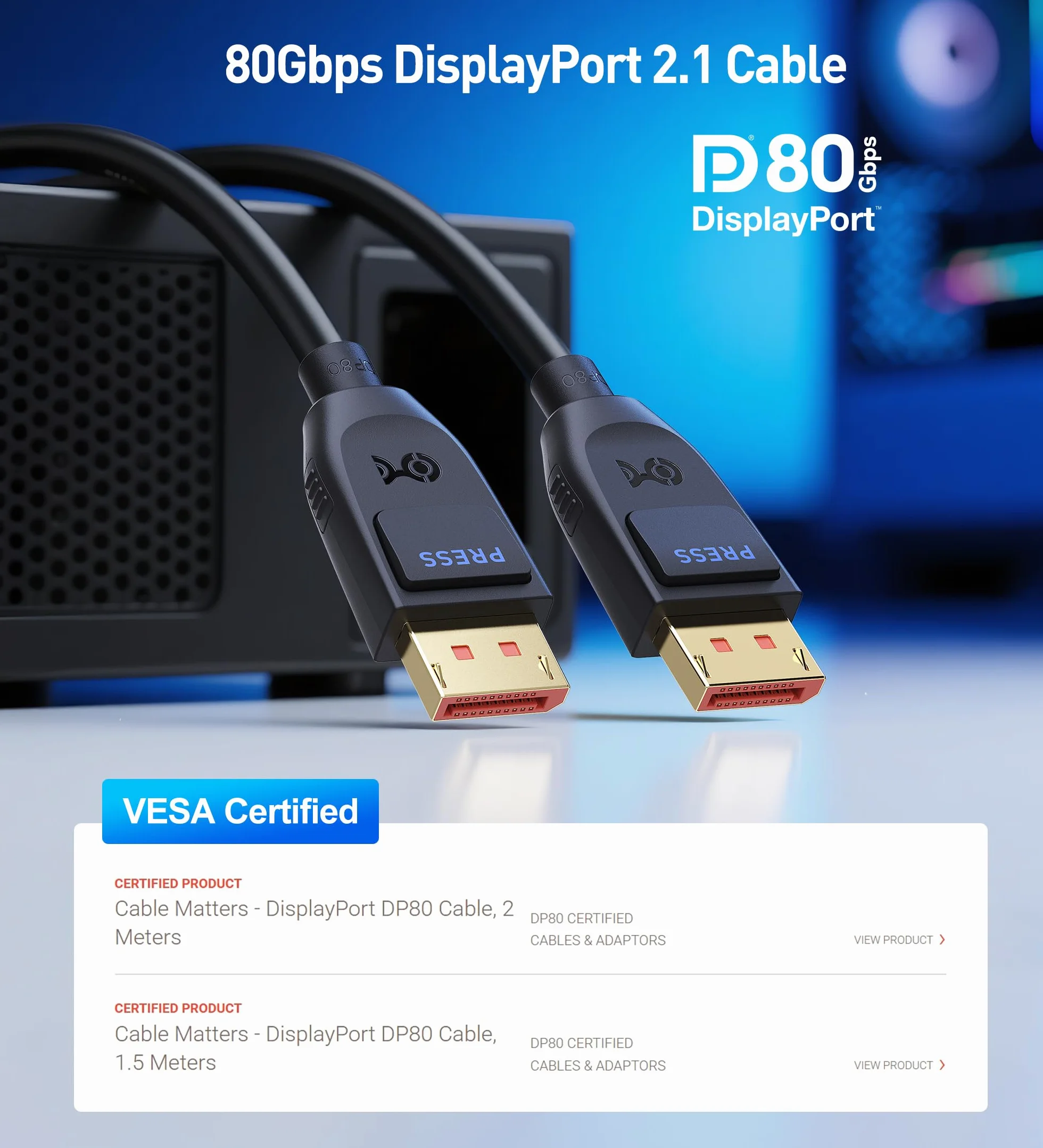 [Certyfikat VESA] Cable Matters kabel DisplayPort 2.1 80 Gb/s (DP80) – 2 m, Kabel DP80, 16K@60Hz, 8K@240Hz, 4K@240Hz, FreeSync, G-SYNC, HDR do monitora gamingowego/PC, RTX 4080/4090, RX 7900, czarny