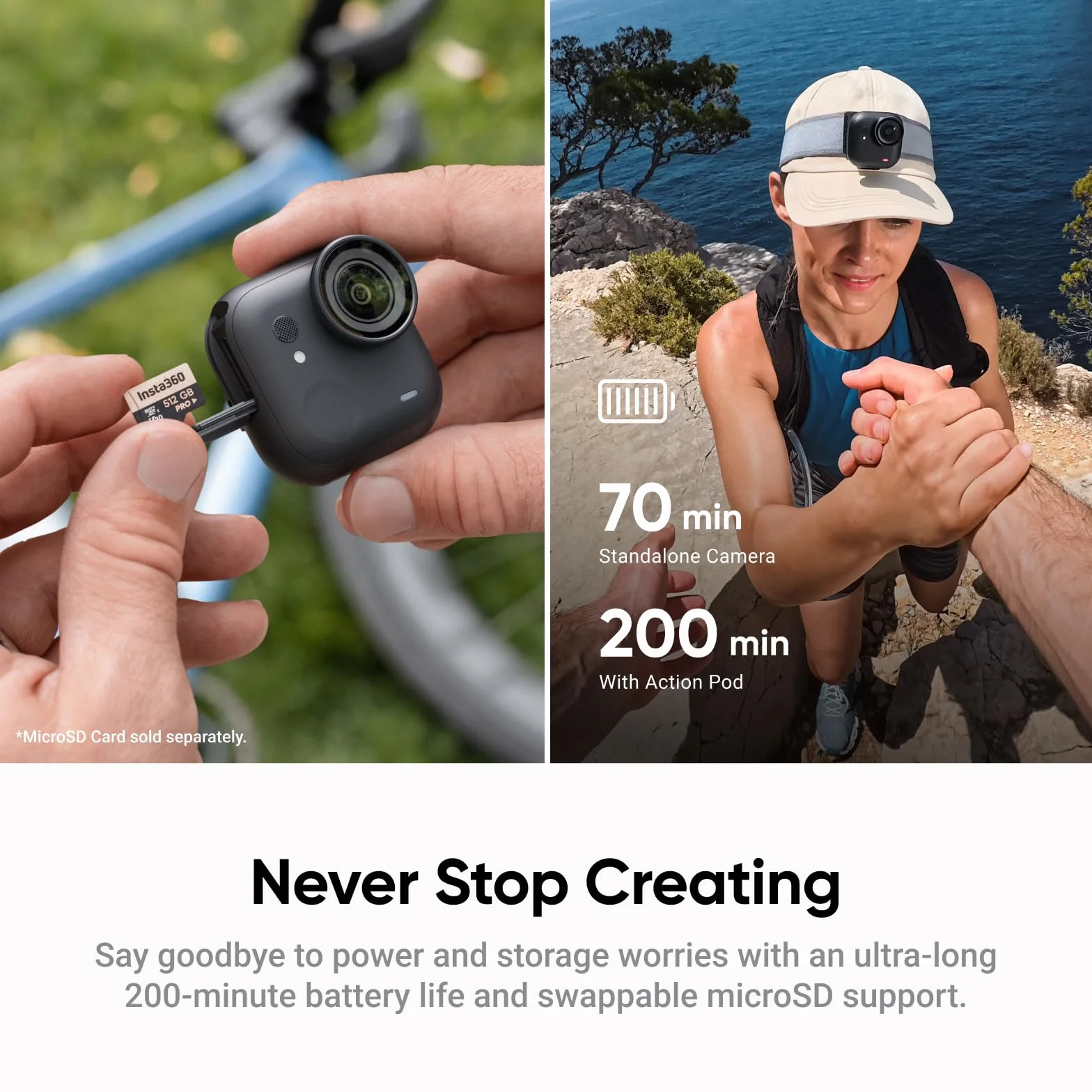 Insta360 GO Ultra Pack Creator Czarny Noc - kamera sportowa 4K bez użycia rąk, nadający się do noszenia, doskonała w słabym świetle, montaż w dowolnym miejscu, stabilizacja FlowState, ładowanie 200