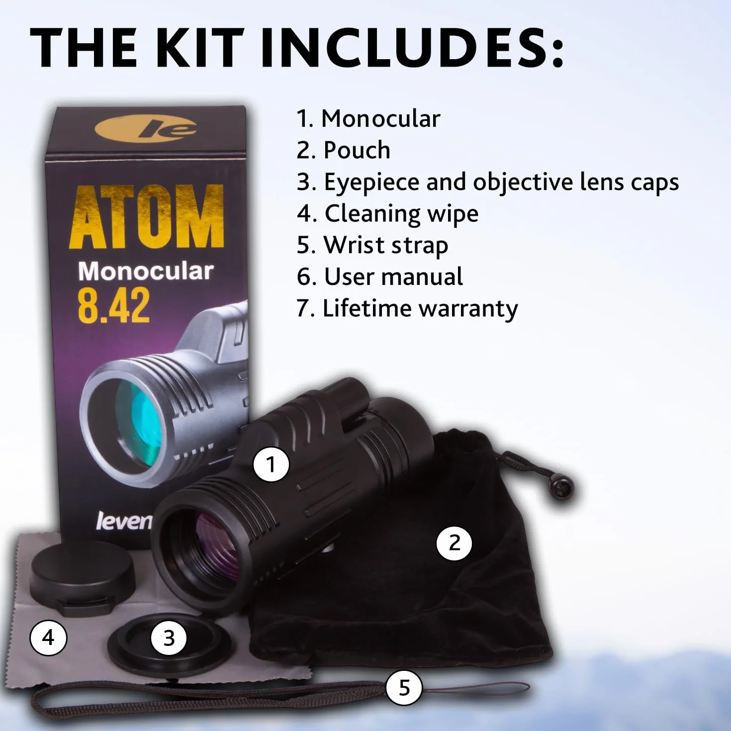 Levenhuk Atom 8x42 Monokular Przenośny, Kompatybilny ze Statywem | Kompaktowy i Lekki z Optyką BK-7, do Wędrówek, Birdwatchingu, Kempingu, Polowań i Podróży