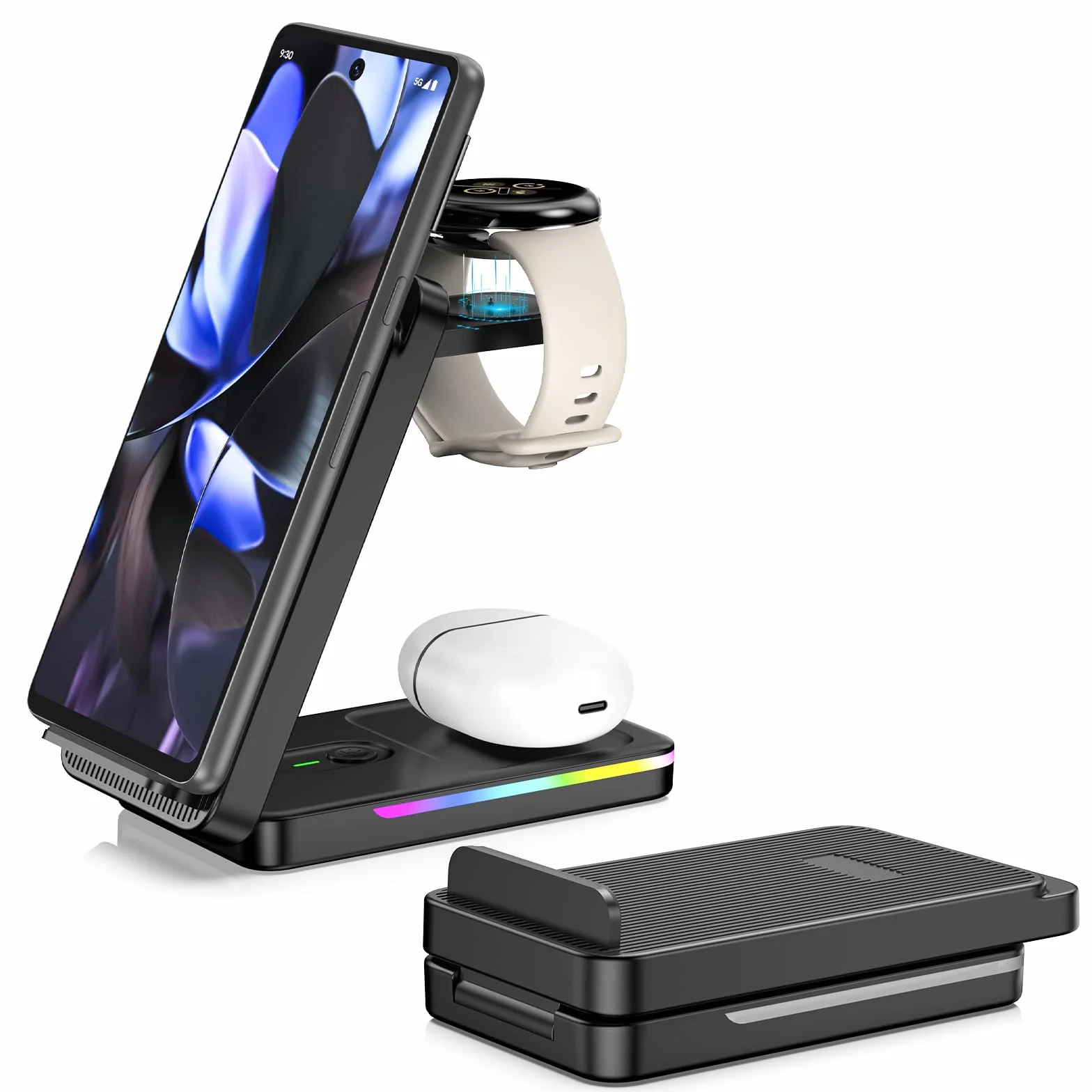Bezprzewodowa ładowarka do Google Pixel Watch 3/2, ładowarka Google Pixel 3 w 1 do Pixel 9 Pro/Pro XL/9/8a/8/8 Pro/7, składana stacja ładująca do Pixel Buds Pro 2 (nie do Pixel Watch 1)