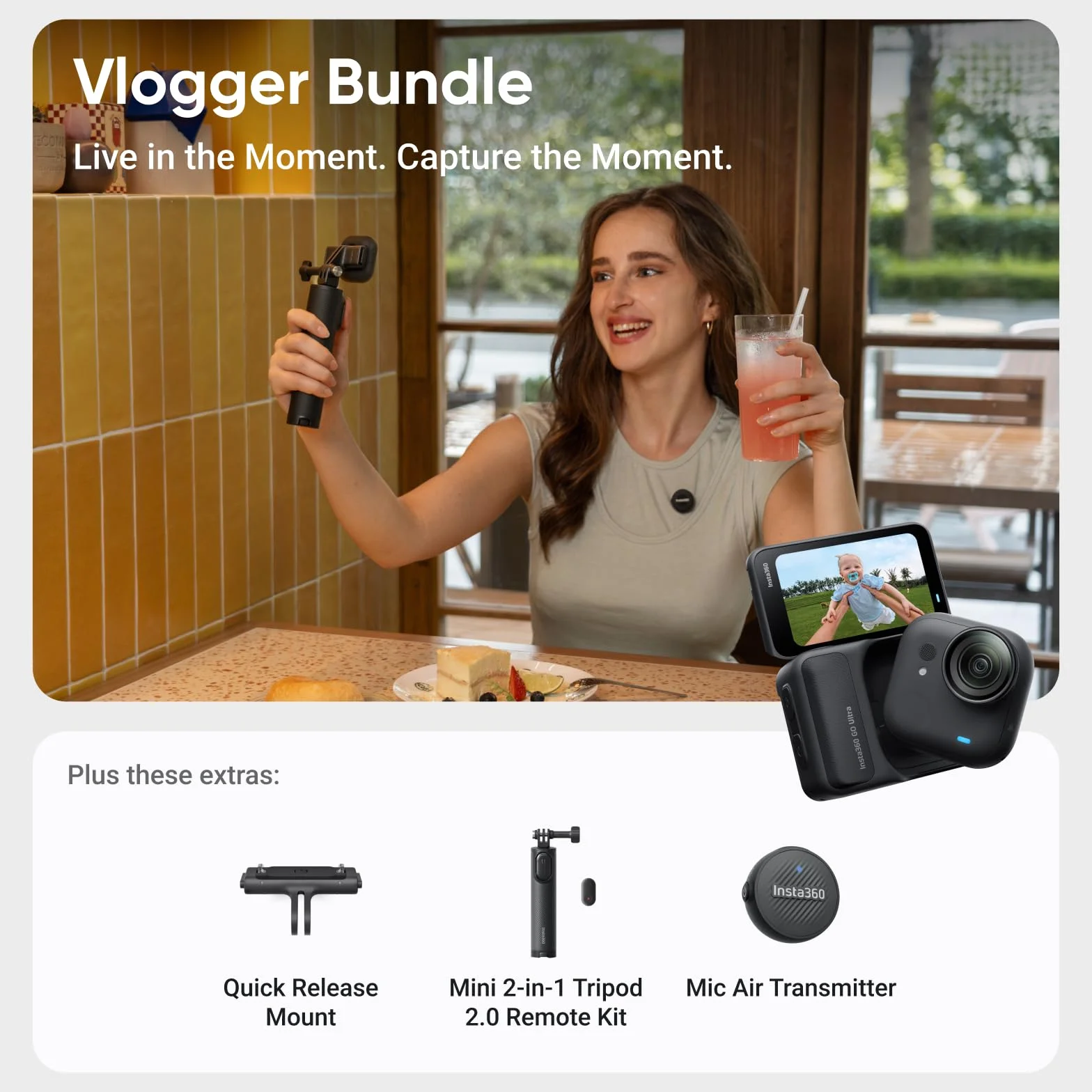 Insta360 GO Ultra Vlogger - zestaw minikamera 4K bez użycia rąk, lekka i mobilna, do montażu w dowolnym miejscu, stabilizacja FlowState, akumulator 200 min, wodoszczelny 10 m, rower