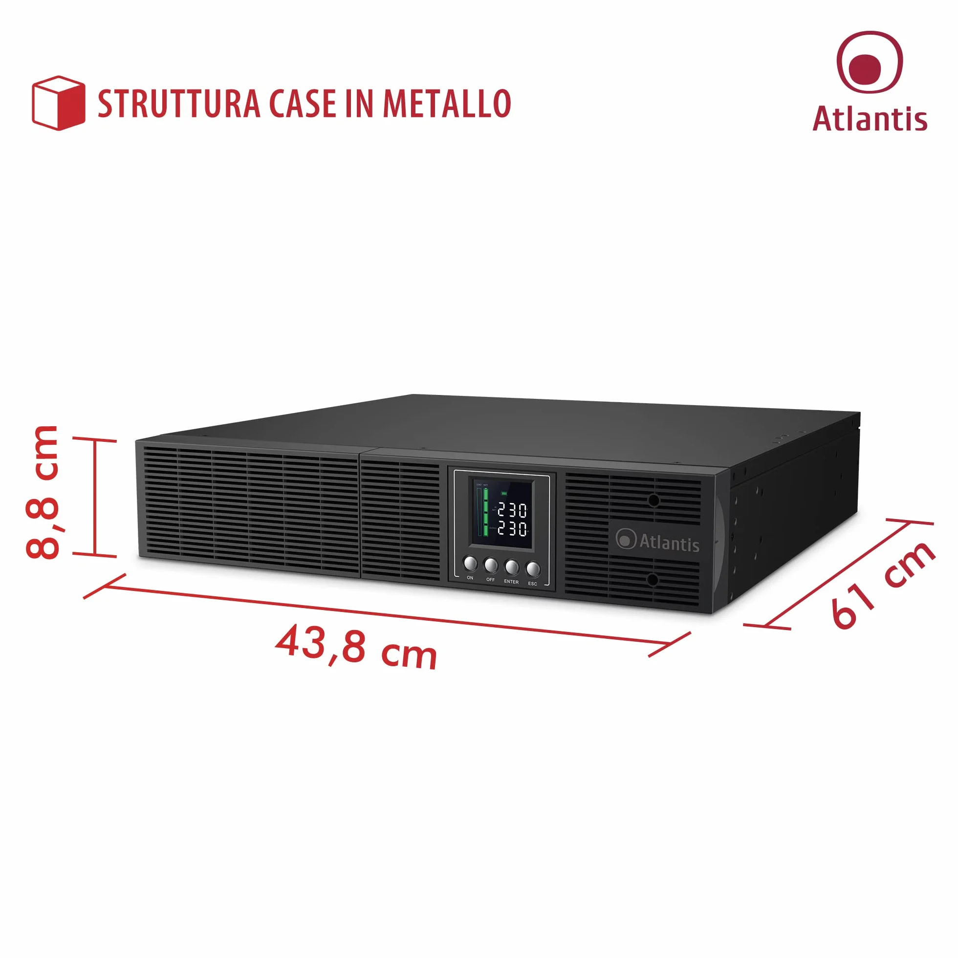 Atlantis A03-OP3002P-RC PRO UPS OnLine Zasilacz bezprzerwowy Podwójnej konwersji Czysta fala sinusoidalna 3000VA 2700W, serwer RACK, wyświetlacz LCD, USB, szeregowy RS-232, 8 wyjść IEC, gniazda SNMP, 6x12V-9Ah