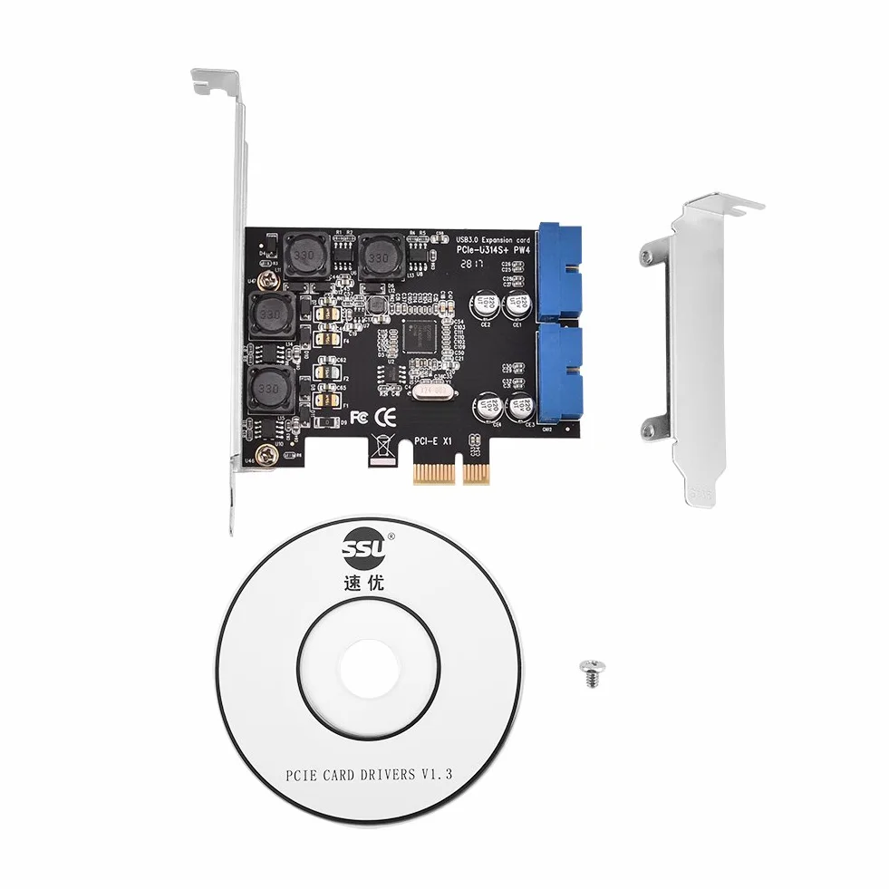 ASHATA Kontroler PCI Express USB 3.0, Karta Rozszerzeń PCI-E, 2 x Wewnętrzne Złącza 19-Pinowe, Super Speed Do 2 Portów Wewnętrznych, Adapter Dla WinXP/7/8/8.1/10