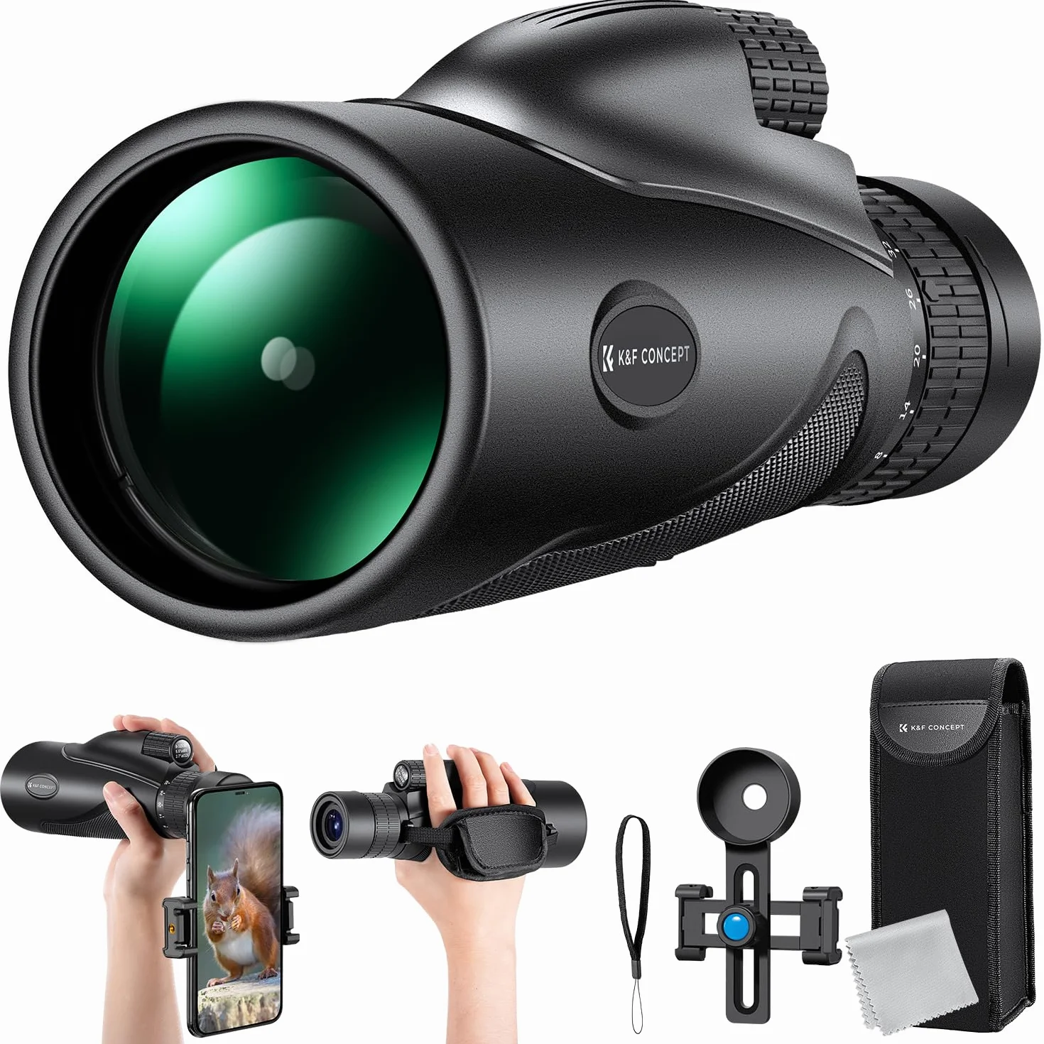 K&F CONCEPT 8–32 x 50 Monokular zoom z uchwytem na telefon komórkowy, monokular dla dorosłych - pryzmat BAK4 i soczewka FMC - wodoodporny IP66 - świetny do obserwacji ptaków, wędrówek, polowania