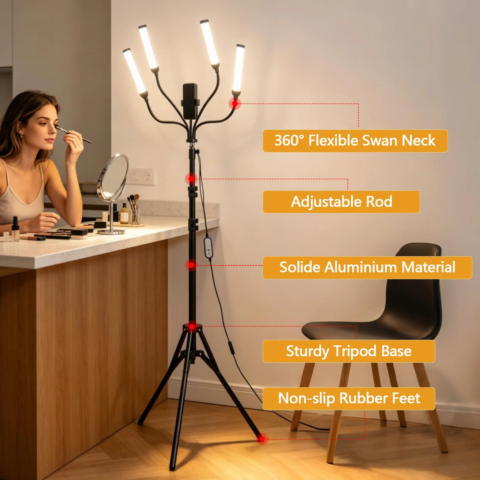 Ściemniane oświetlenie LED do fotografii, zestaw oświetlenia studyjnego ze statywem i torbą do makijażu, rzęs, brwi, tatuażu, 3000-6500 K