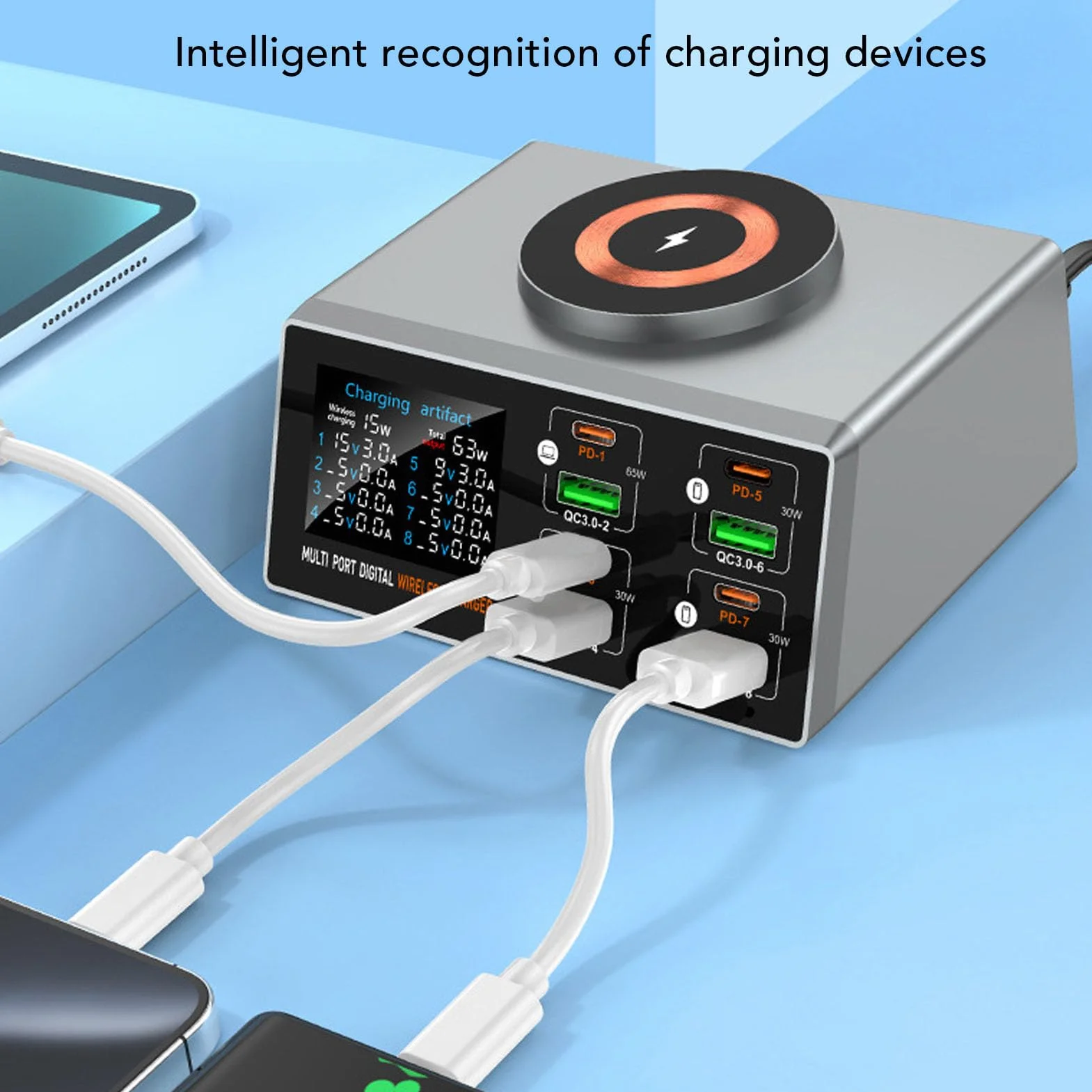 140 W Stacja ładująca, 8 Portowa ładowarka USB C z 15W bezprzewodową ładowarką, Adapter Zasilający PD + Wtyczka ścienna QC dla Telefonów, Zegarek (wtyczka UE)