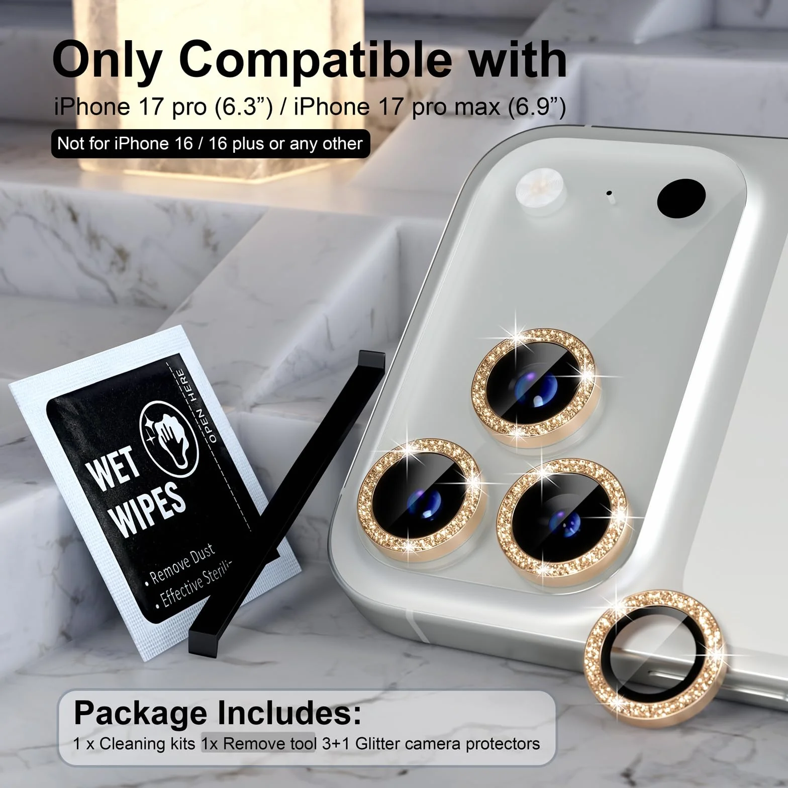Choiche Kompatybilny z telefonem 17 Pro/Phone 17 Pro Max, osłona obiektywu aparatu, osłona aparatu ze szkła hartowanego 9H, osłona ekranu, metalowy pierścień, akcesoria dekoracyjne, brokatowo-złoty)