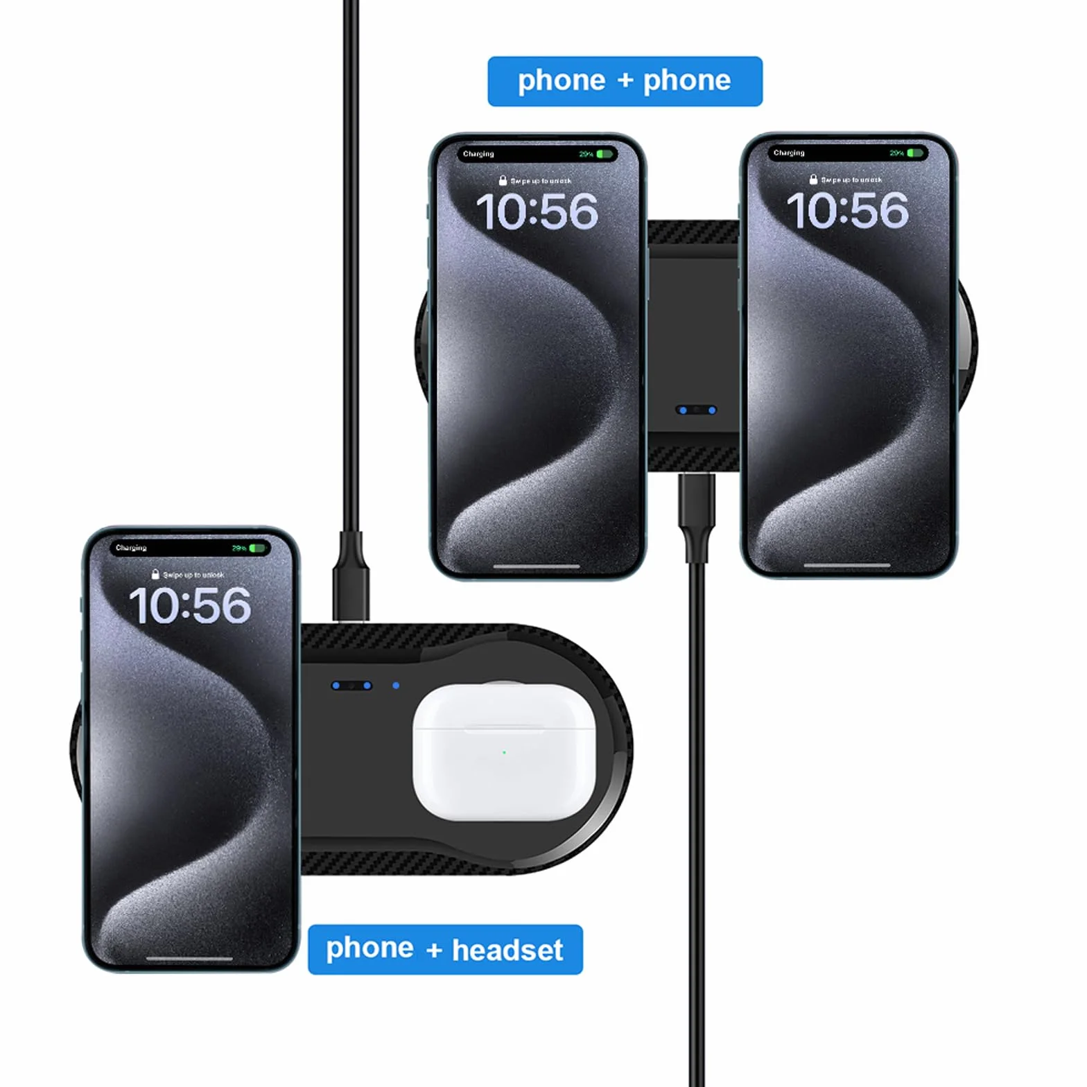 Bezprzewodowa podkładka ładująca, podwójna bezprzewodowa podkładka ładująca 30 W, kompatybilna z iPhone 15, 14, 13, 12 XR, Galaxy S24, S23, S22, S10, Google Pixel 8, 7, 6, AirPods Pro 3 2, Galaxy Buds