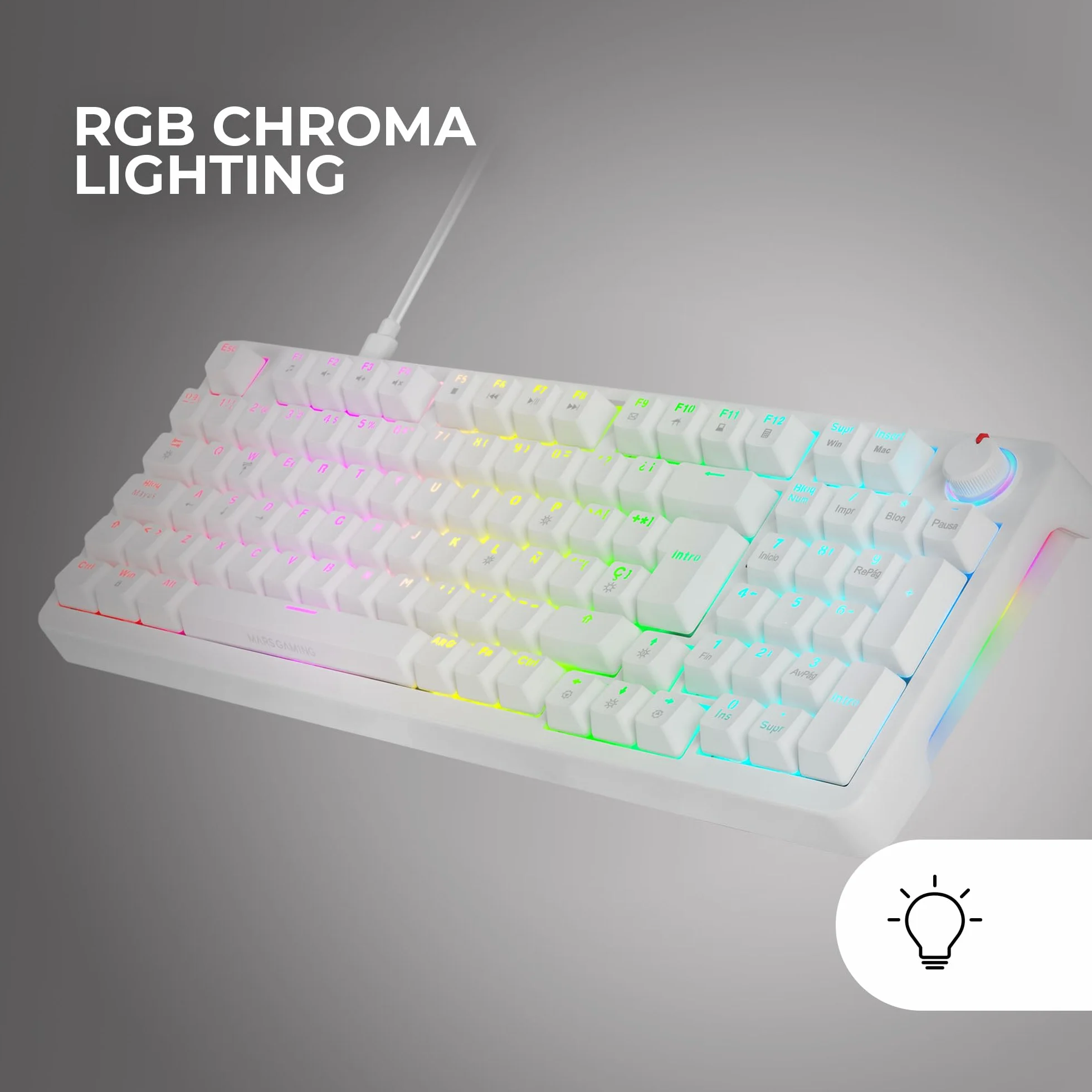 MARS GAMING MKPRO, Pełnowymiarowa Mechaniczna Klawiatura Gaming, RGB Chroma, Switches Mechaniczne Hot-Swap, Antighosting, Pokrętło Sterujące, Wieloplatformowa, Silent Switch, Hiszpański, Biały