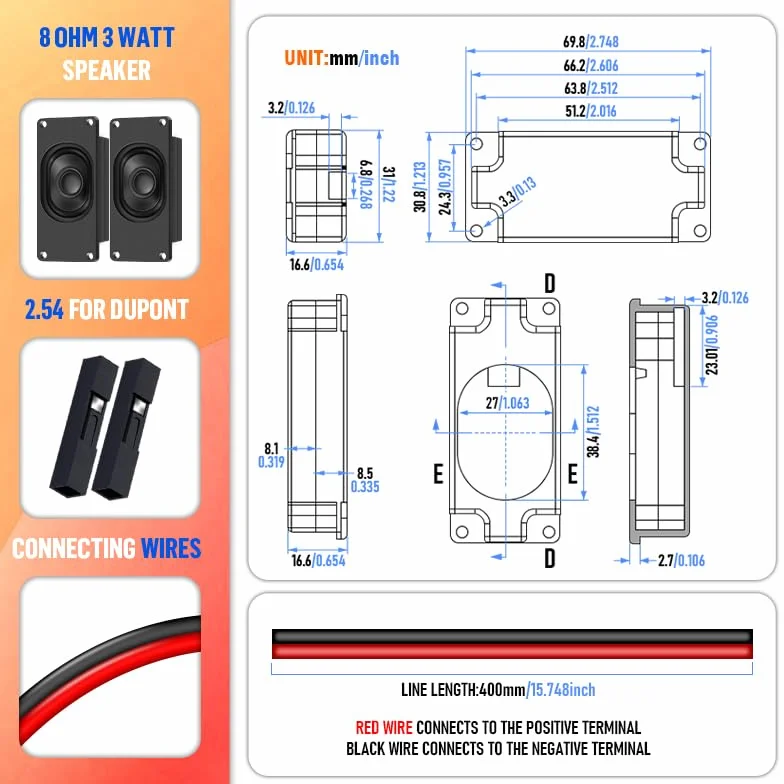 CQRobot Miniaturowy głośnik 3 W, 8 omów, pasywny zamknięty głośnik audio/niskotonowy kompatybilny z płytą Arduino. Interfejs Dupont 2,54 mm, do różnych małych projektów elektronicznych DIY.