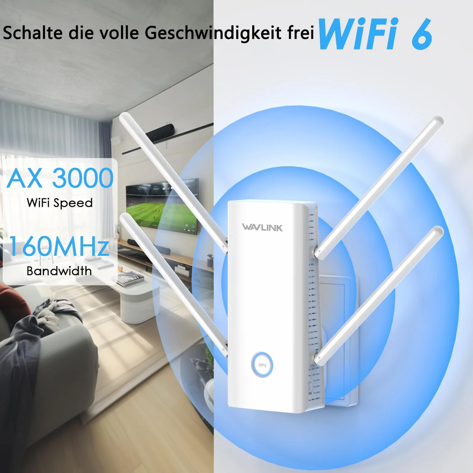 WAVLINK AX3000 dwupasmowy wzmacniacz zasięgu Wi-Fi 6, wzmacniacz przedłużający WiFi, wzmacniacz WiFi z portem gigabitowym, anteny 4 x 5 dBi, obsługa wzmacniacza, AP/routera/siatki, łatwa konfiguracja,