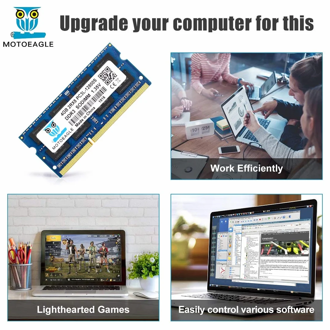 Motoeagle Pamięć operacyjna RAM do notebooka, 2 x 4 GB DDR3L-1600 SODIMM RAM, zestaw PC3 PC3L 12800S, 4 GB, 8 GB, 204-pinowa 2Rx8 DDR3 1600 MHz, niebuforowana, bez ECC 1,35 V CL11 Dual Rank