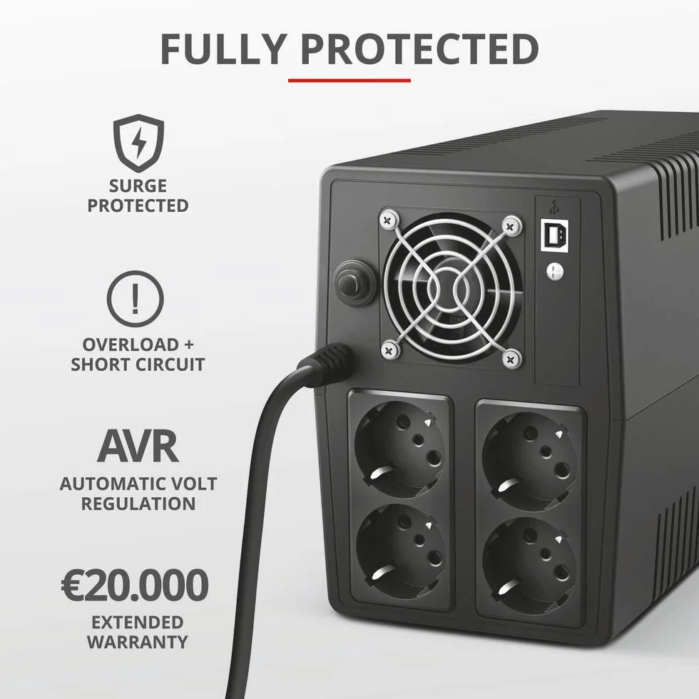Trust Paxxon zasilacz bezprzerwowy UPS 1500 VA z akumulatorem | 4 gniazda, ochrona przed przepięciem, system zasilania gwarantowanego