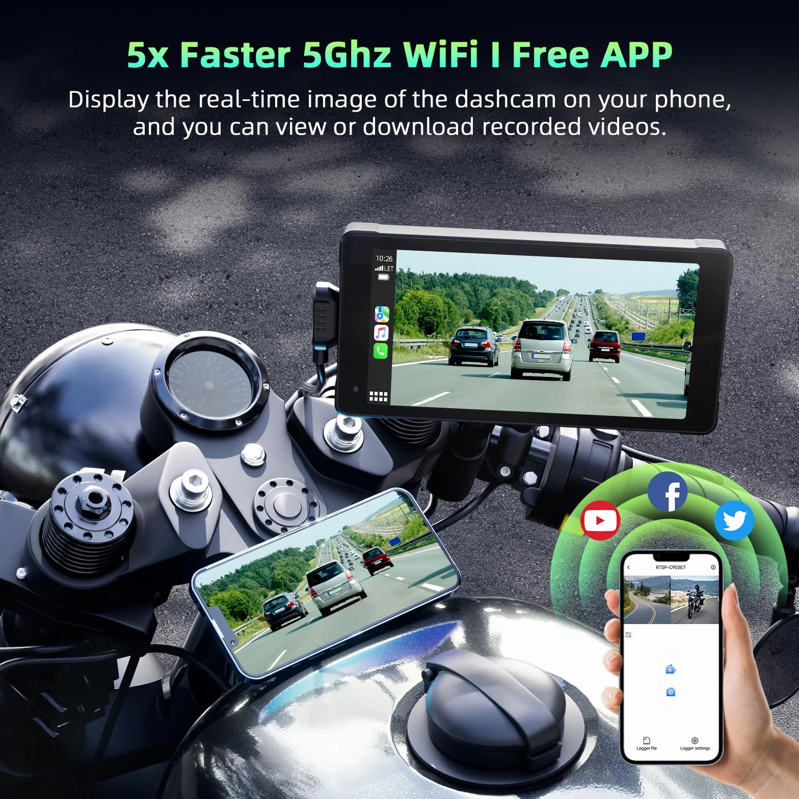 Volam Carplay Motorcycle Android Auto, przenośny wyświetlacz Carplay z kamerą przednią i tylną 2K+1080P dla motocykli, wodoodporny ekran dotykowy 5,5 cala, nawigacja, asystent Siri/G-oogle, aplikacja