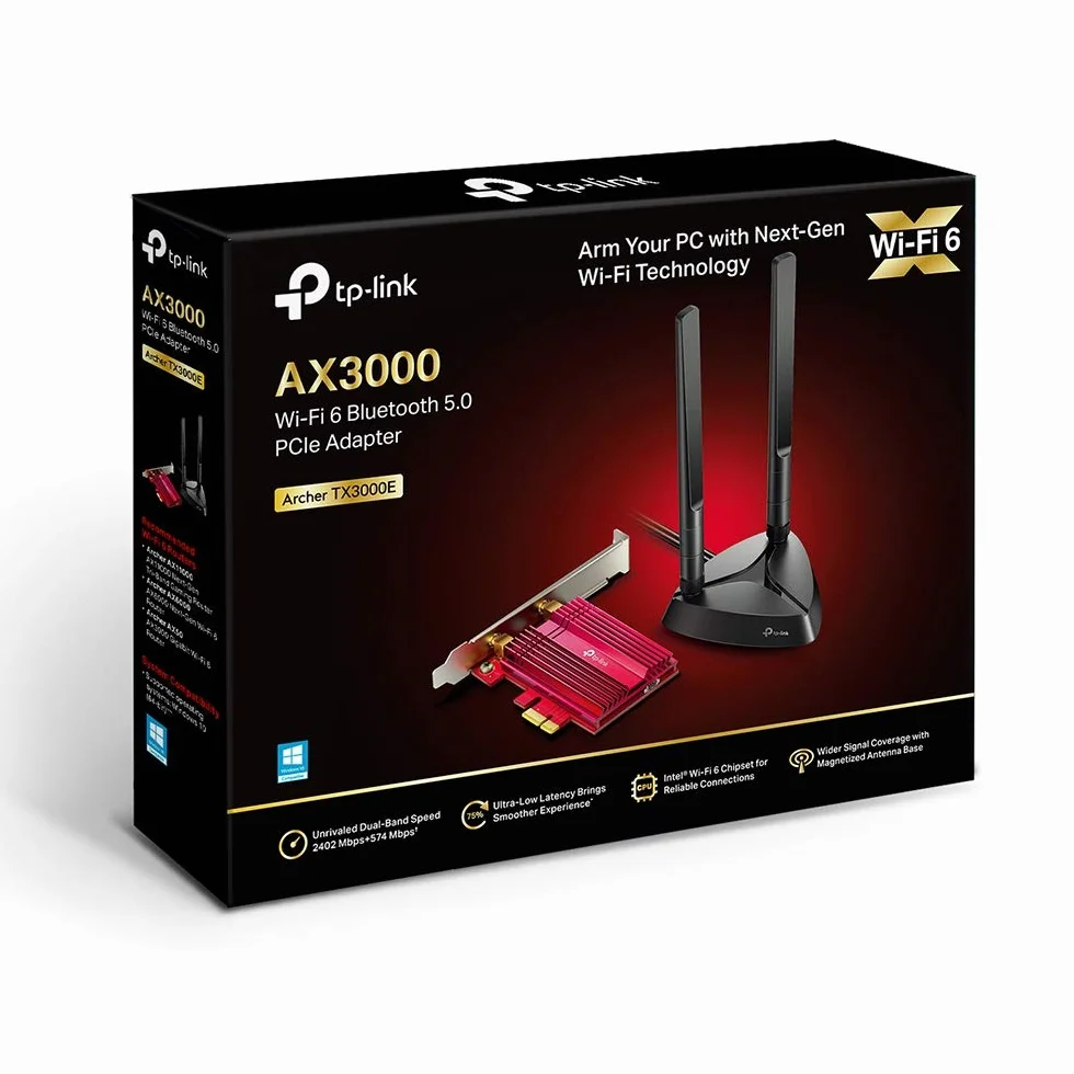 TP-Link Archer TX3000E – Adapter PCIe Wi-Fi 6 (AX3000), 2400 Mb/s (5 GHz) + 574 Mb/s (2,4 GHz), Bluetooth 5.0, WPA3, Kompatybilny z Windows 10/11