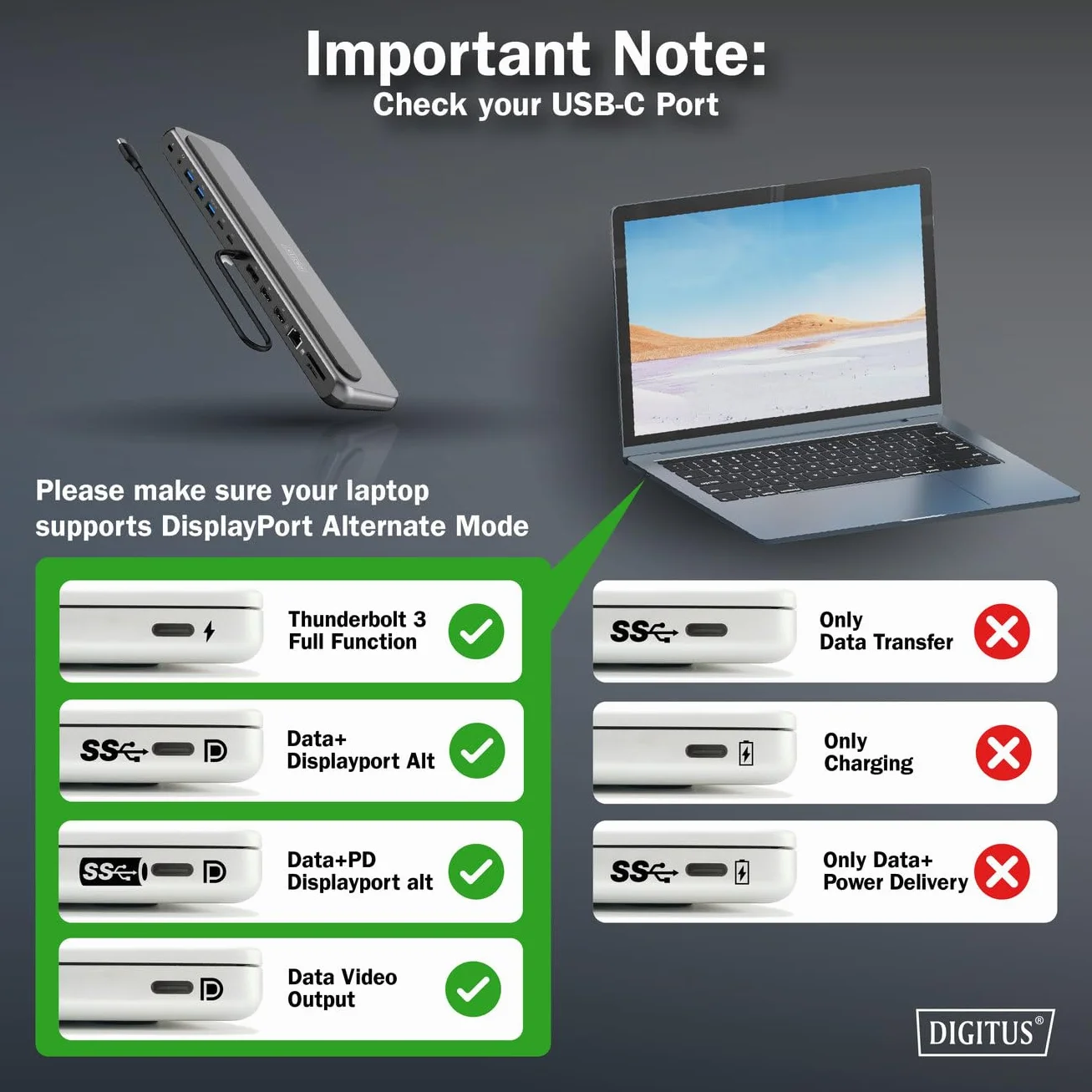 DIGITUS Stacja dokująca do notebooka – 12 portów – 2x HDMI, 1x DisplayPort 8K 30Hz – 2x USB-A 3.2 Gen2, 1x Typ-A 3.2 Gen1, 1x USB-C 3.2 Gen2 – 1x RJ45 – Czytnik kart SD/MicroSD – Złącze 3,5 mm – Szara