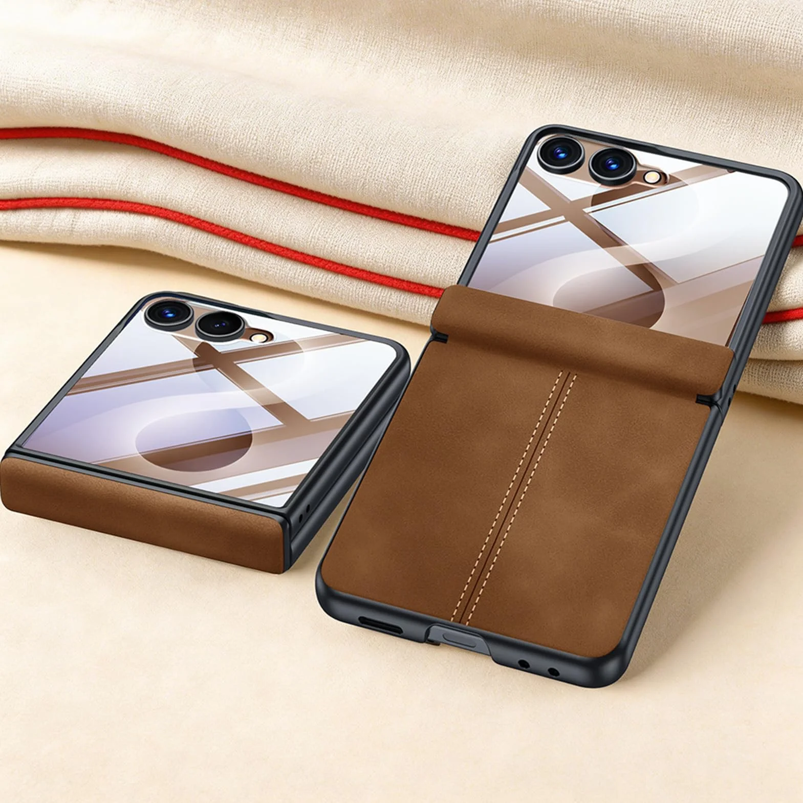Skórzane etui do Samsung Galaxy Z Flip 8, matowe zawiasy smukłe etui ze szkła hartowanego ochrona ekranu etui biznesowe, pomarańczowe, Flip 8