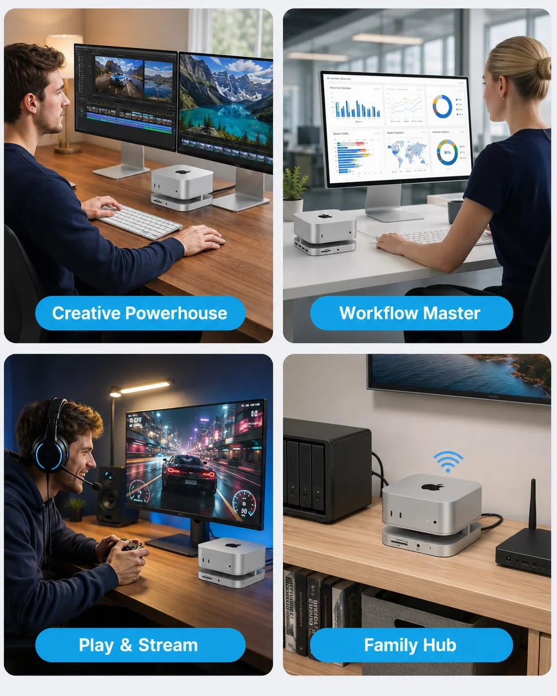 Mac mini M4 Dock, Stacja dokująca Mac mini M4 Pro z obudową NVMe M.2 SSD, 6 portów USB A 3.2 10Gbps, port danych USB C, czytnik kart 3.0 TF SD dla akcesoriów stacji dokującej Mac mini M4, adapter Mac