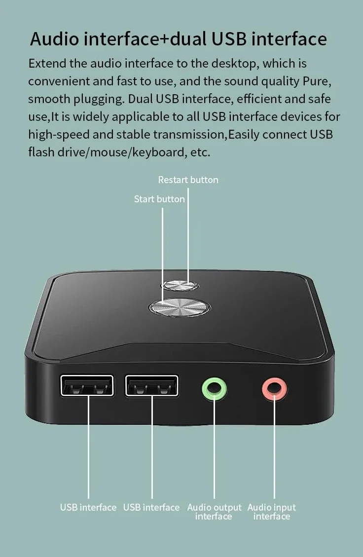 Przełącznik zasilania komputerowego, zewnętrzny zasilacz sieciowy, przełącznik przyciskowy wł./wył., z podwójnym portem USB audio, przełącznik typu wstawiania