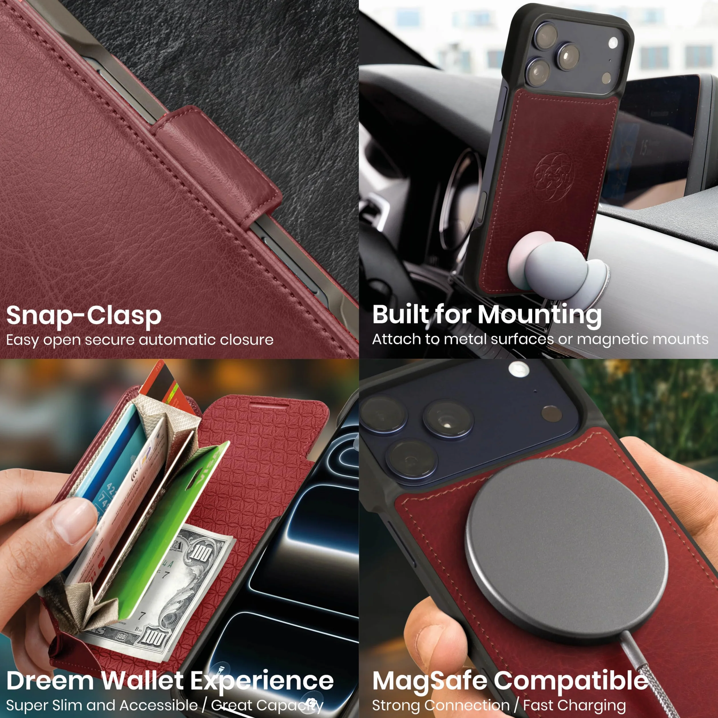 dreem Etui z portfelem do iPhone'a 17 Pro Max, rewolucyjny stojak na telefon, wegańska skóra, magSafe-Fit, magnetyczne odpinane etui z klapką, uchwyt na kartę blokującą RFID, pudełko prezentowe