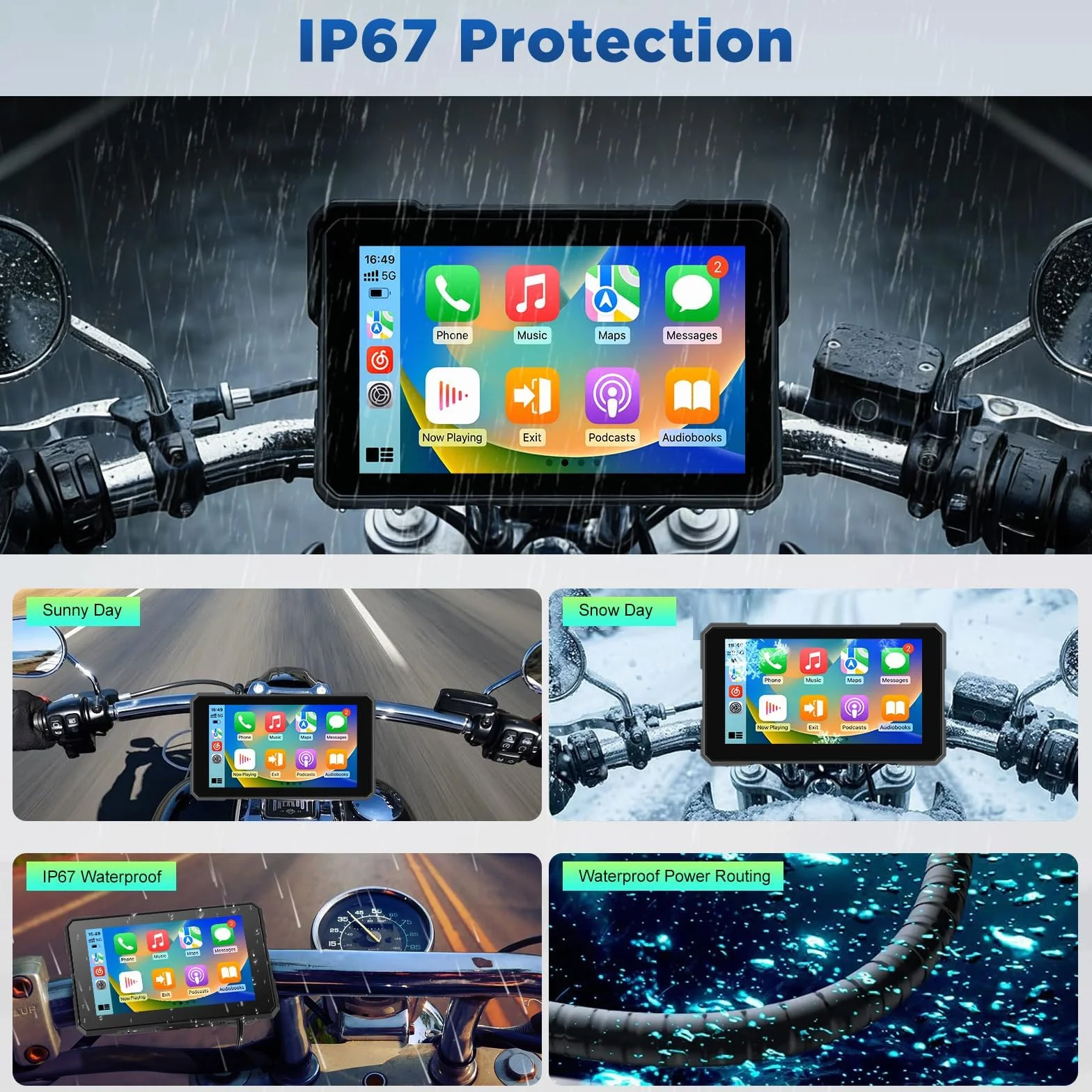 5-calowy wyświetlacz Motorfiets Carplay z bezprzewodowym CarPlay i Android Auto, wodoodporny IP67, 0z obsługą monitorowania ciśnienia w oponach, nawigacji GPS i sterowania głosowego – Nadaje się do