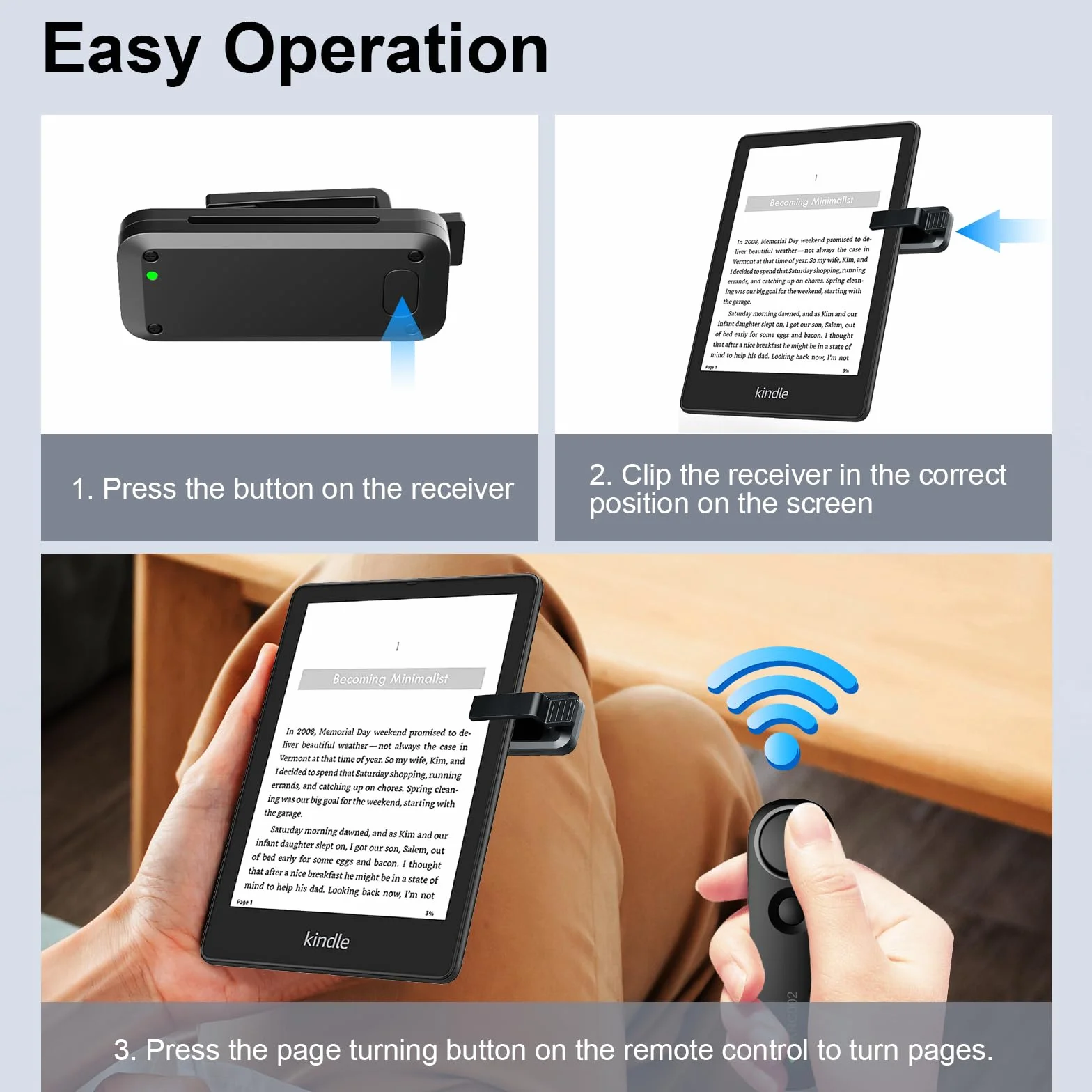 Sterowanie RF Przewracanie Stron dla Kindles, kontroler e-czytnika dla iPad iPhone Android-Phone/tablet, czytanie e-booków, powieści komiksowych, Akcesoria do Kindle, Czarny