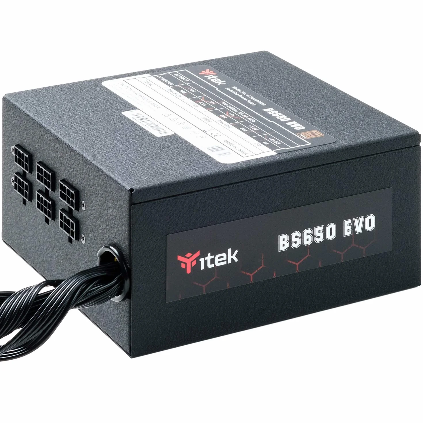 iTek ITPSEBS650 EVO – 650 W, HDB Hydraulic Dynamic Bearing 12 mm, aktywna ochrona PFC, certyfikat efektywności 80 Plus, brąz, wentylator HDB 12 cm, półmodułowa Free Plug, ITPSEBS650