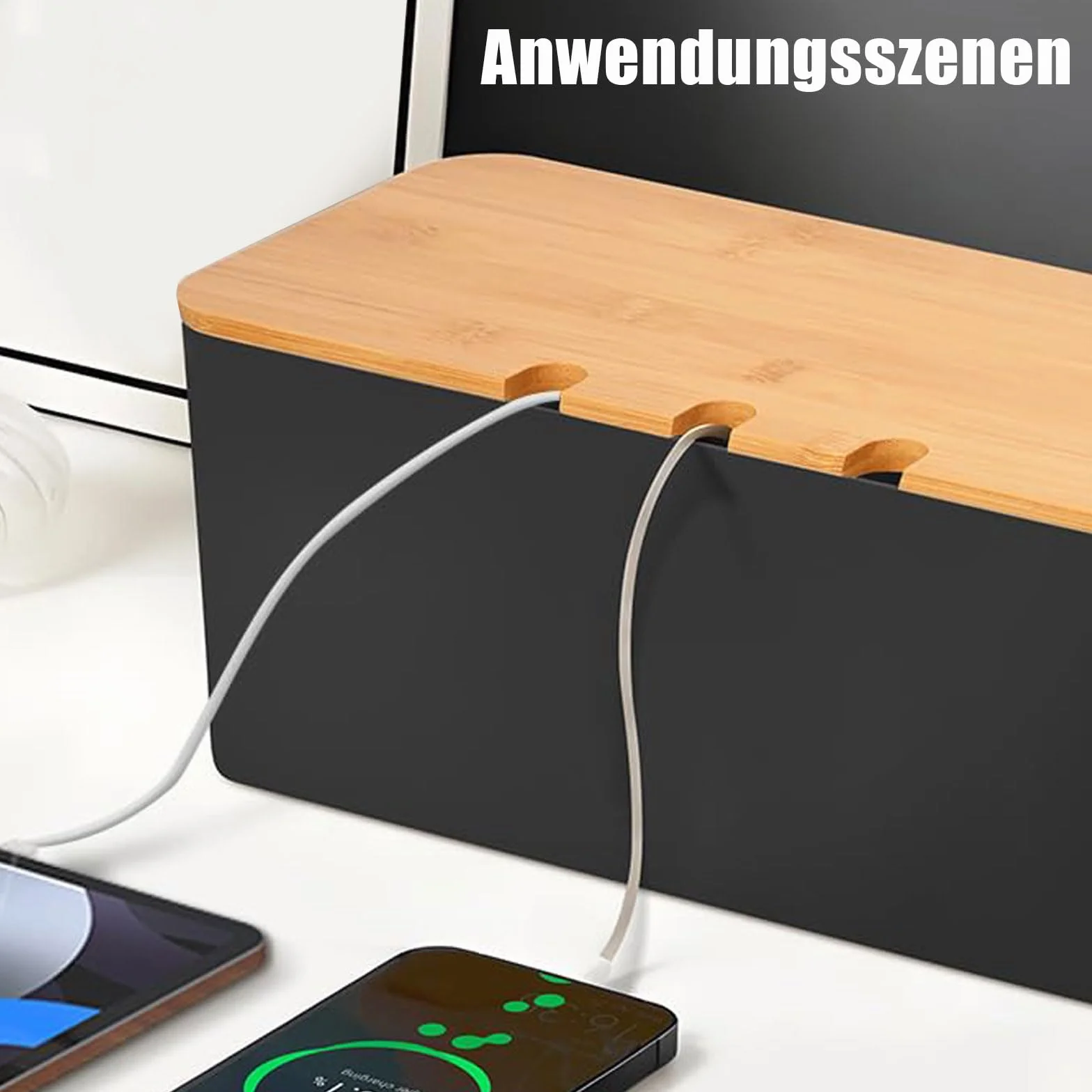 Skrzynka na kable, 32 x 13,6 x 12,7 cm, skrzynka na gniazdka z drewnianą pokrywą, organizer na kable z opaskami kablowymi i uchwytami na kable, do organizacji biurka, kolor czarny
